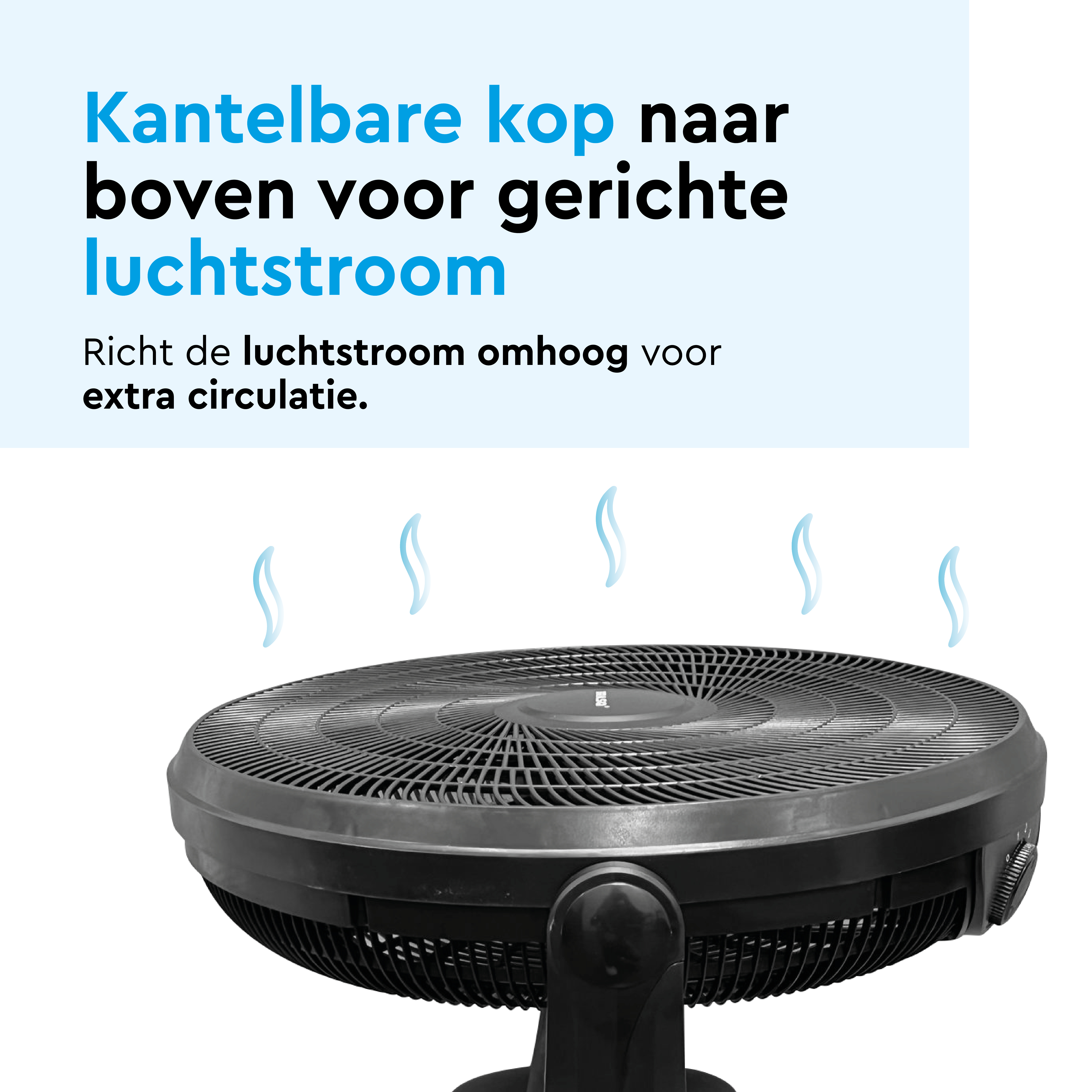 Een zwarte ventilator met luchtstroom naar boven gericht.
