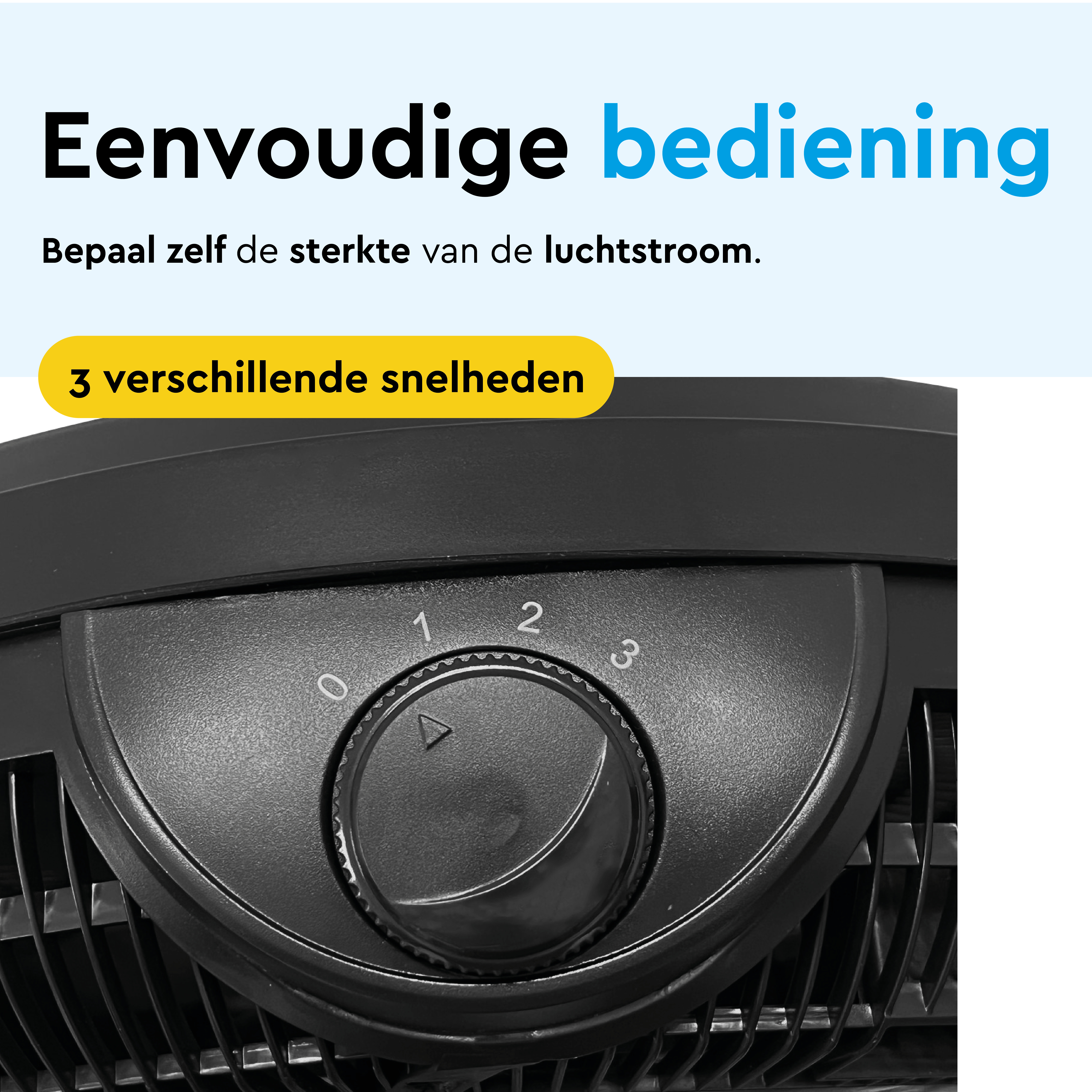 Close-up van een zwarte ventilator-draaiknop met instellingen 0, 1, 2, 3.