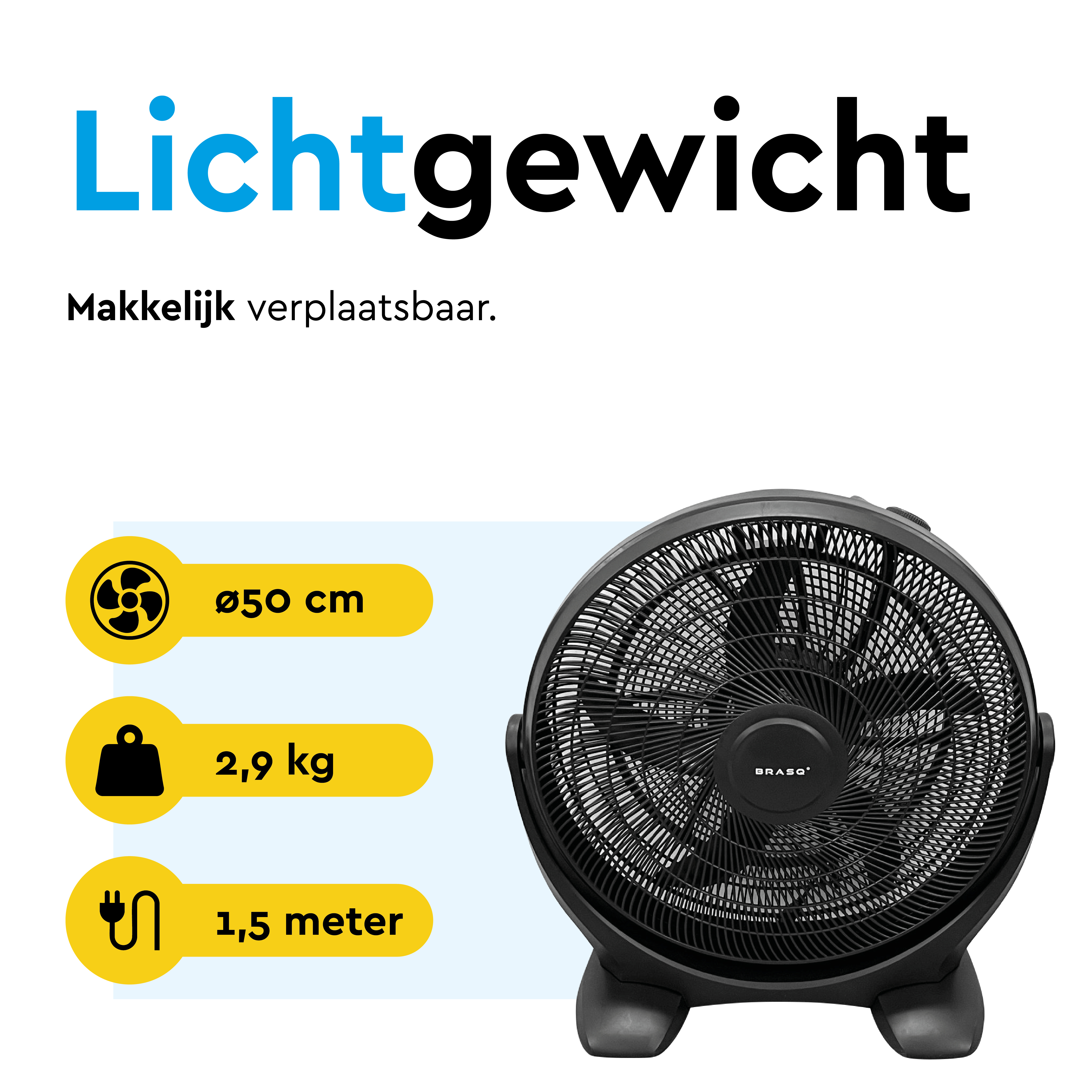 Een zwarte ventilator met 50cm doorsnee, 2,9kg gewicht en 1,5m snoer.