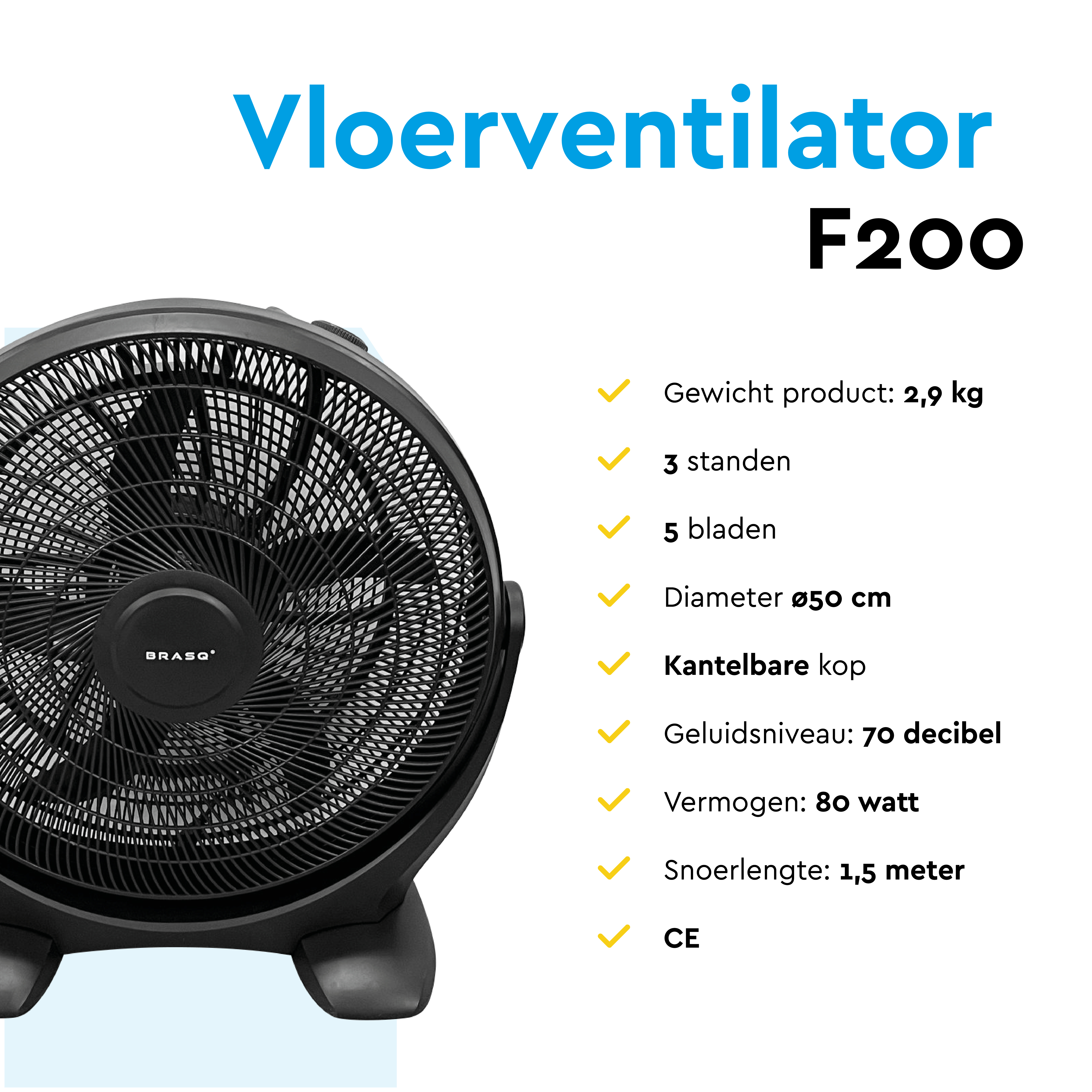 Zwarte vloerventilator met 5 bladen, 50cm diameter, 80 watt.