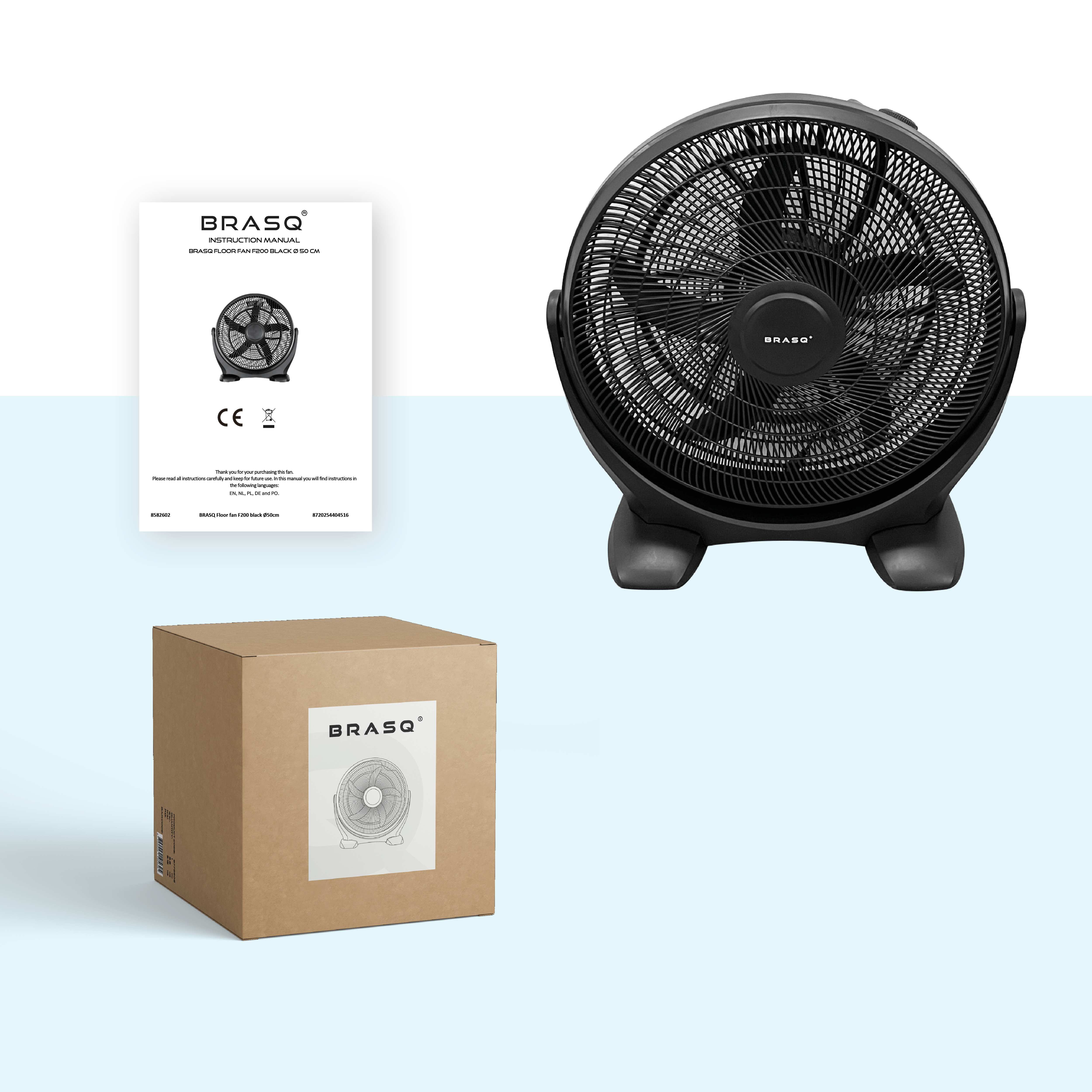 Een zwarte vloerventilator met handleiding en verpakking. Productdetails zichtbaar.