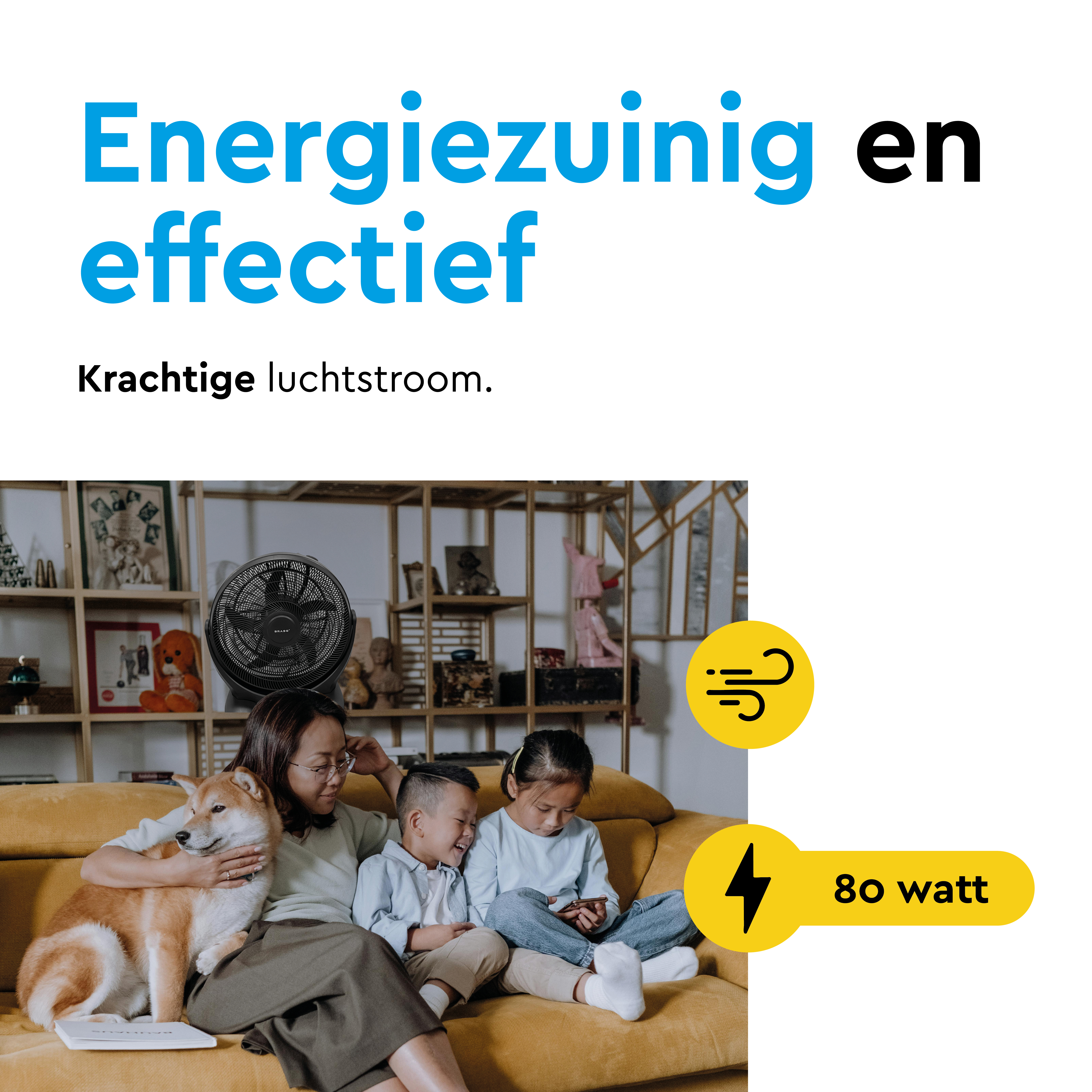 Familie met hond op bank voor ventilator en plank. 80 watt.