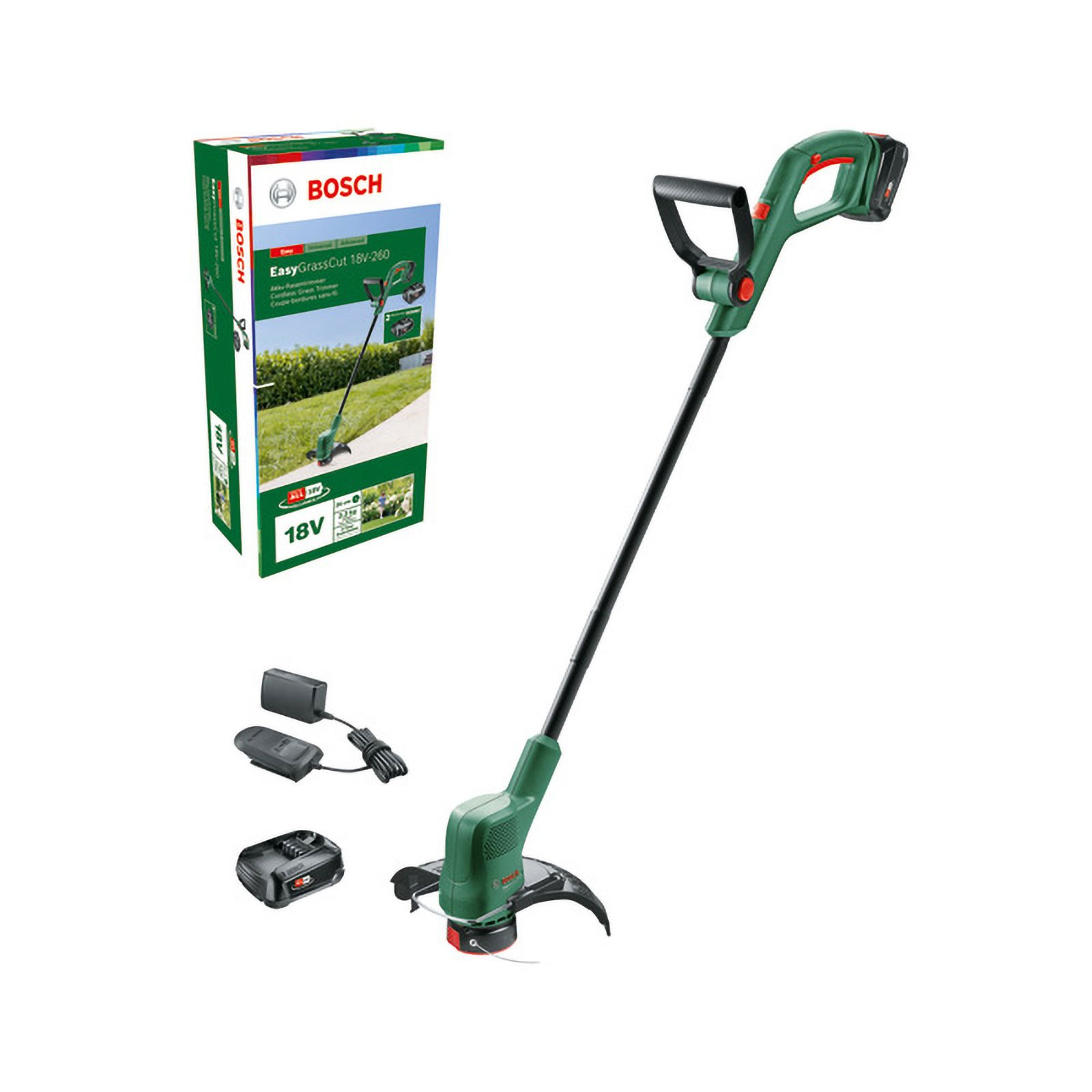 Cortacésped a batería Bosch con accesorios y embalaje sobre fondo blanco.