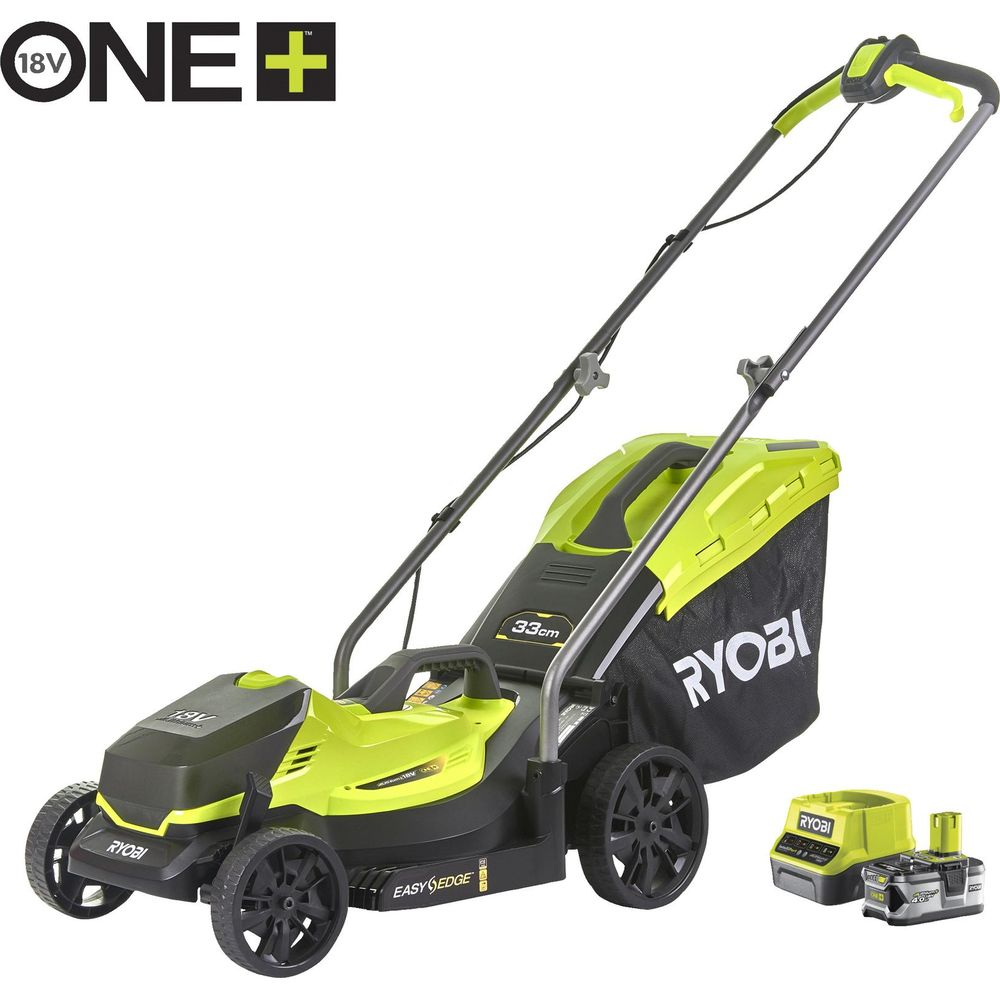 Un cortacésped Ryobi verde con bolsa de césped y accesorios.