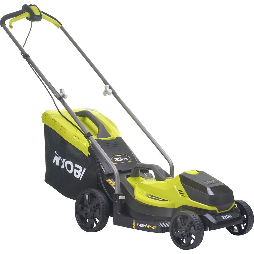 Un cortacésped Ryobi verde y negro con bolsa de césped, sobre fondo blanco.