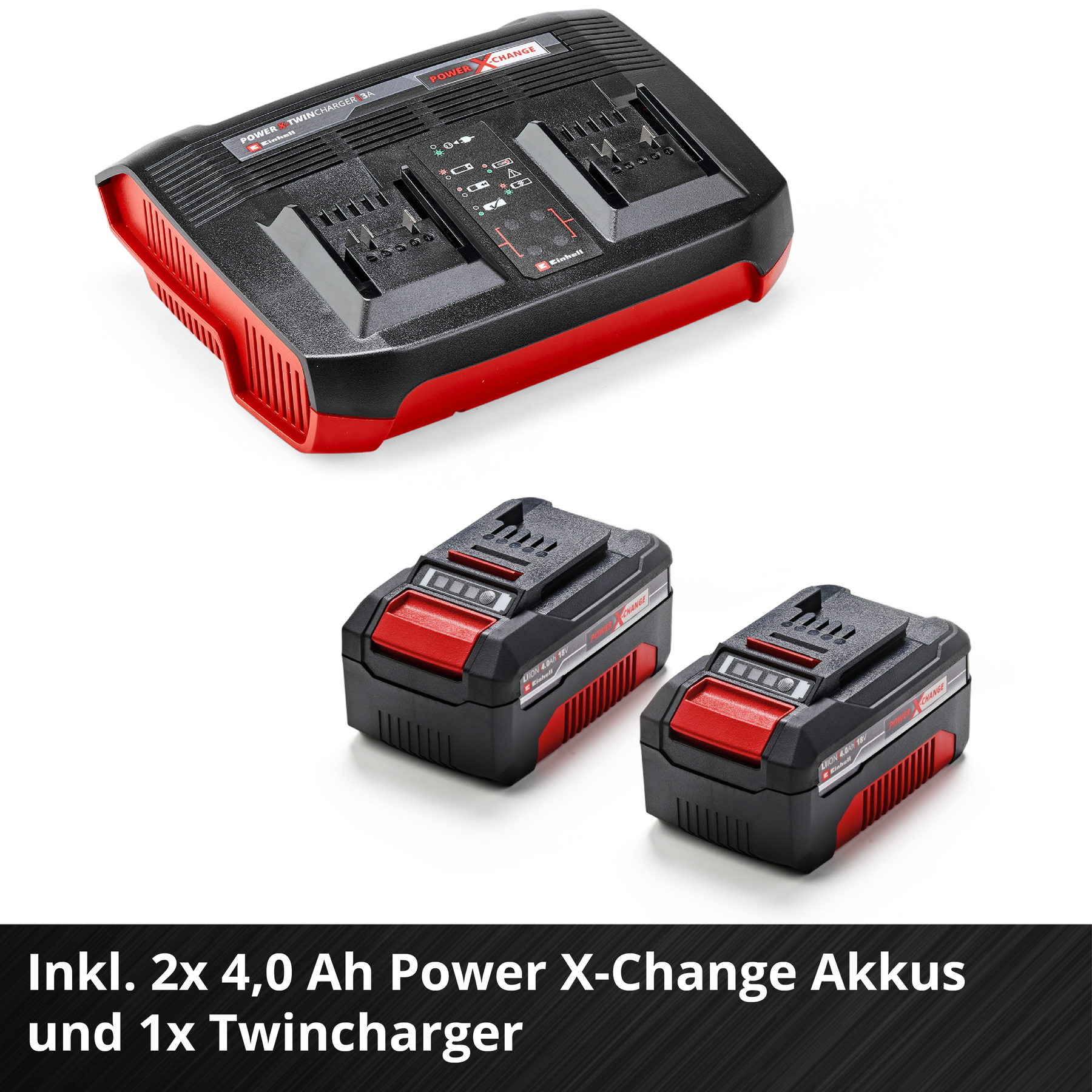 Cargador doble negro y rojo con dos baterías de iones de litio de 18V.