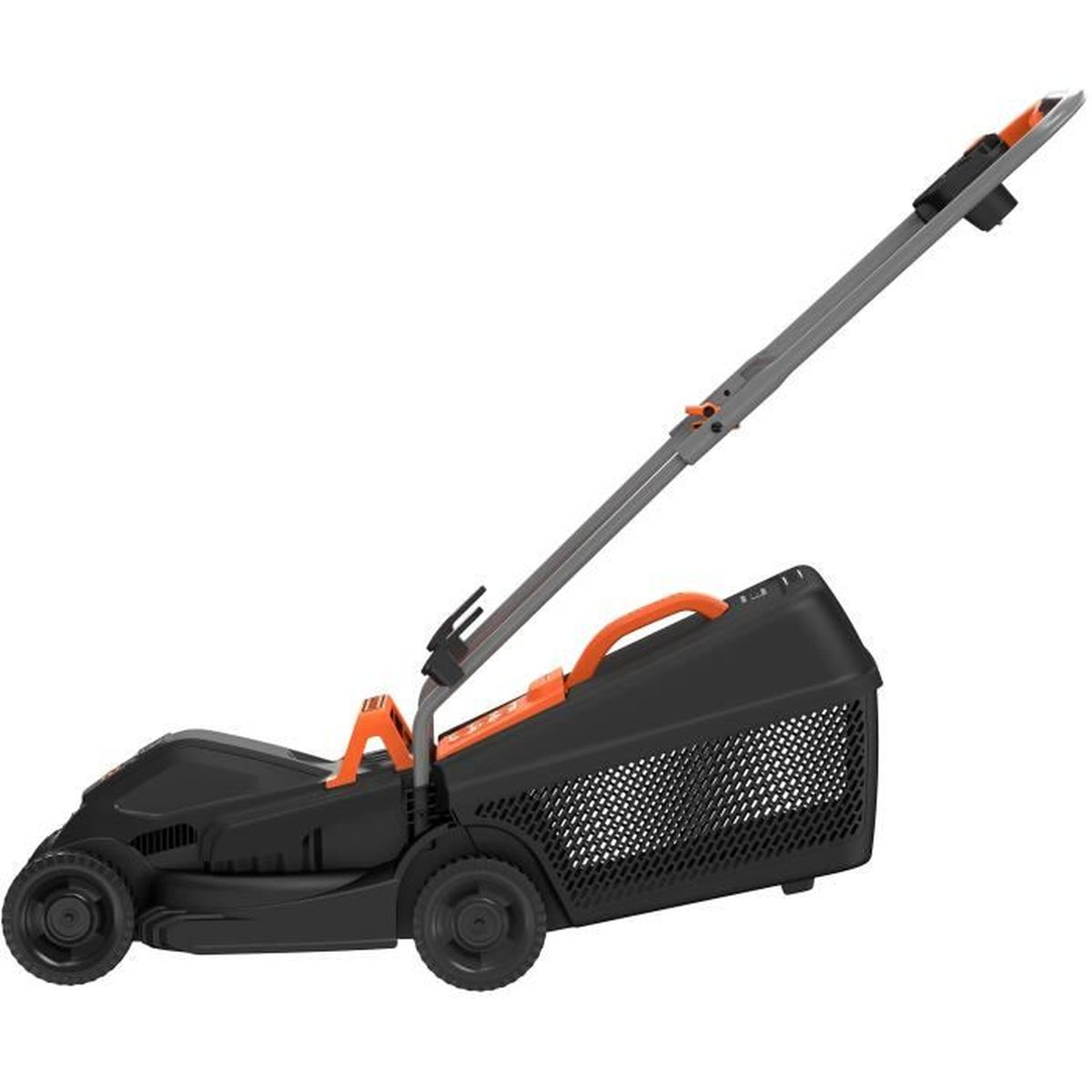 Cortacésped negro con detalles naranjas y recogedor de césped.