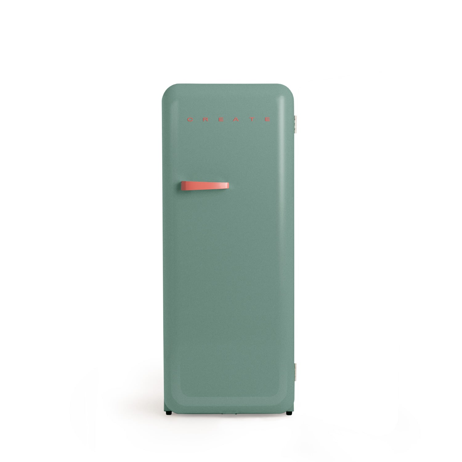 Un refrigerador verde con un mango de coral y la palabra CREATE.