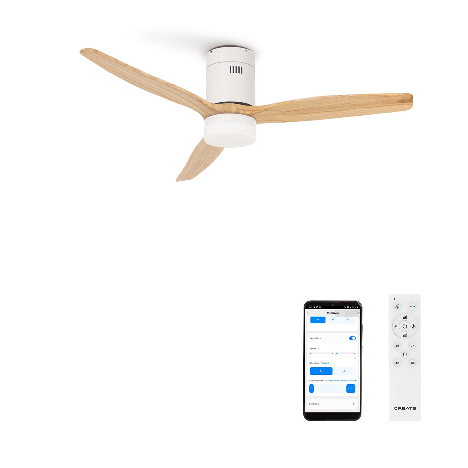 Ventilador de techo blanco con aspas de madera, mando a distancia y app.