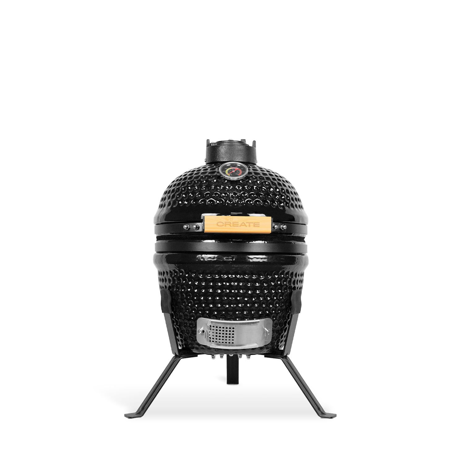 Una parrilla cerámica negra con mango de madera y termómetro, sobre tres patas.