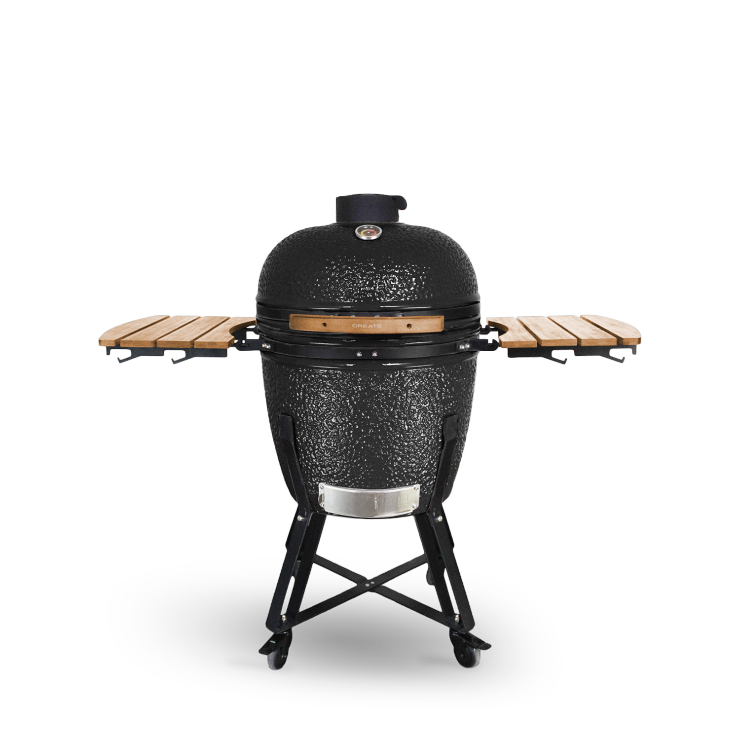 Parrilla cerámica negra con mesas laterales de madera sobre soporte metálico negro.