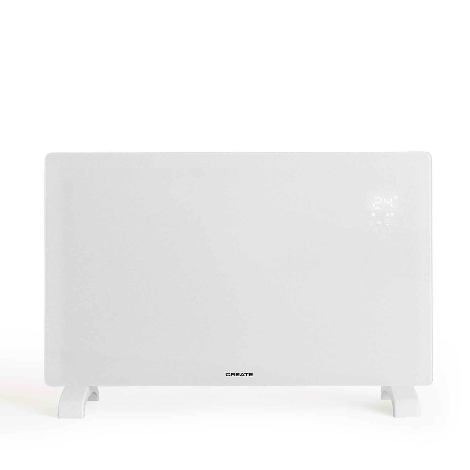 Un radiador eléctrico blanco muestra 24 grados Celsius en su pantalla digital.