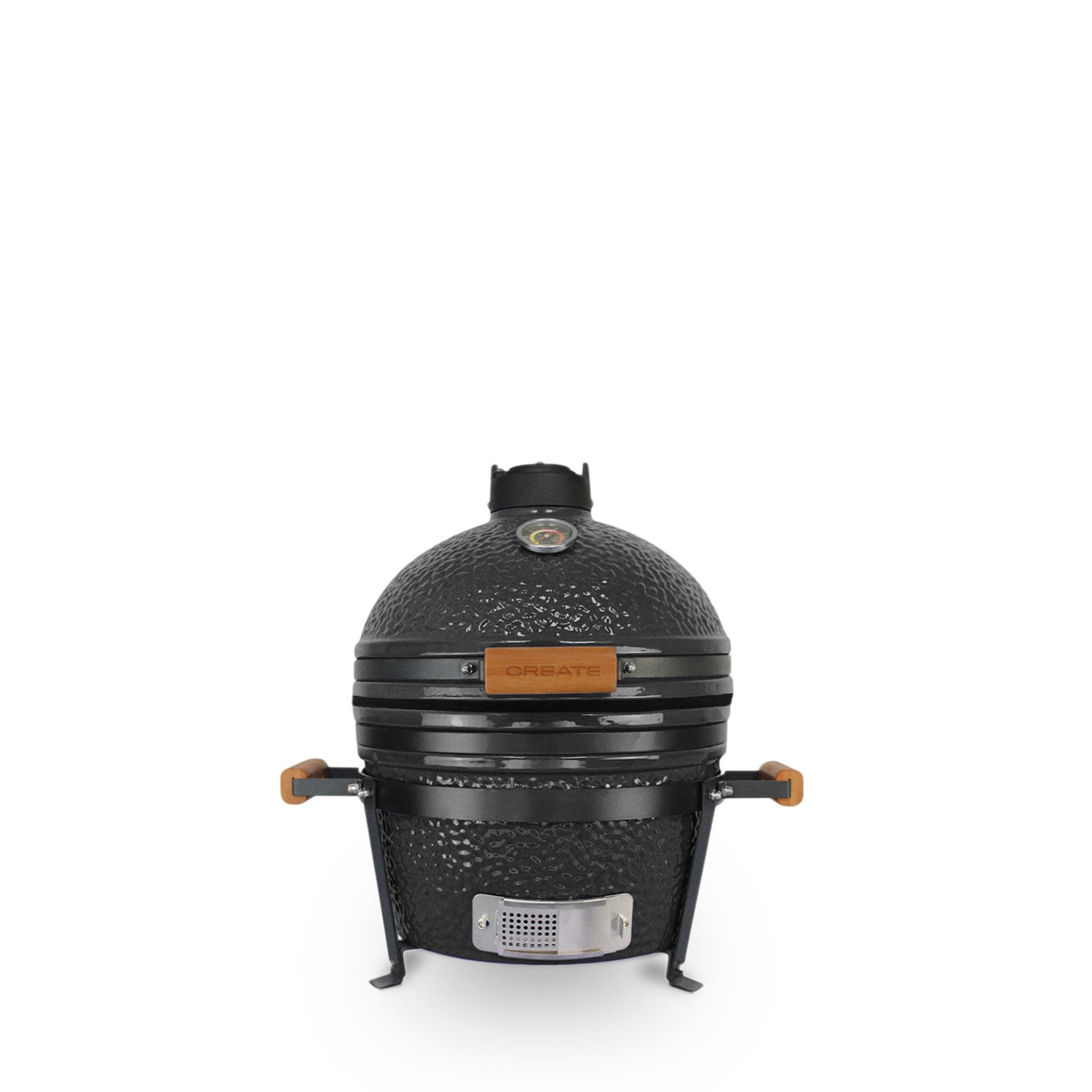 Parrilla de cerámica negra con asas de madera y termómetro.