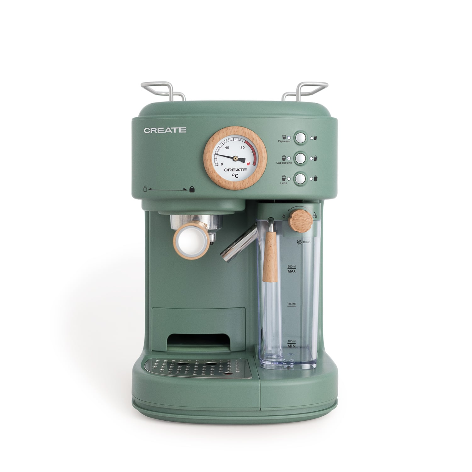Una cafetera verde con detalles en madera, un termómetro y tres botones.
