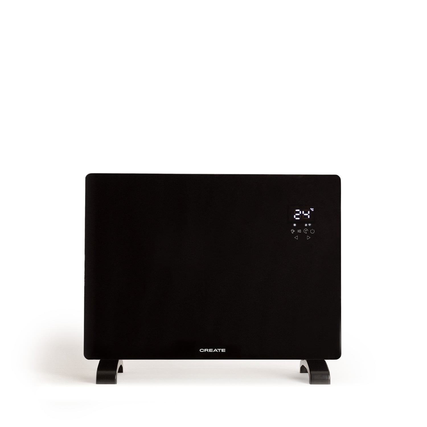 Calentador eléctrico negro con pantalla digital que muestra 24 grados Celsius.