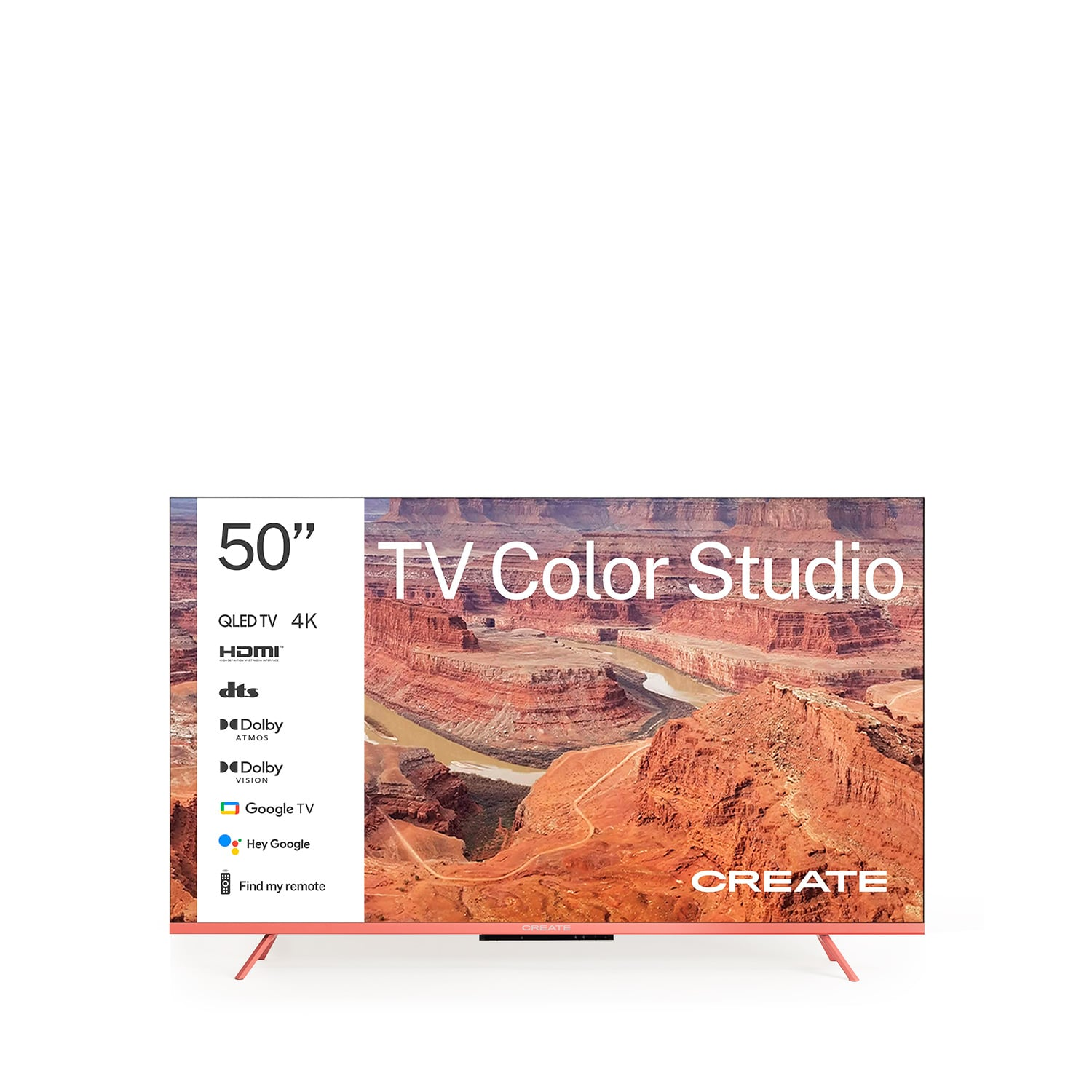 TV QLED 50" 4K "TV Color Studio" con imagen de cañón, marco rojo.