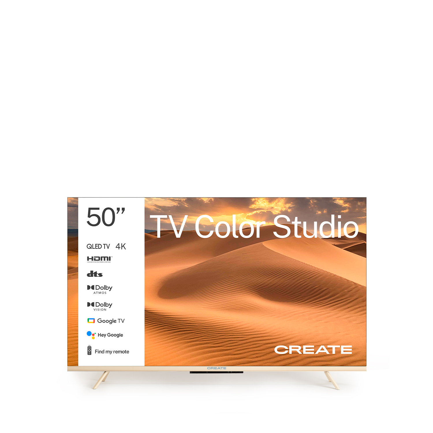 TV QLED 4K de 50 pulgadas con imagen de desierto y logos como HDMI, DTS, Dolby Vision.