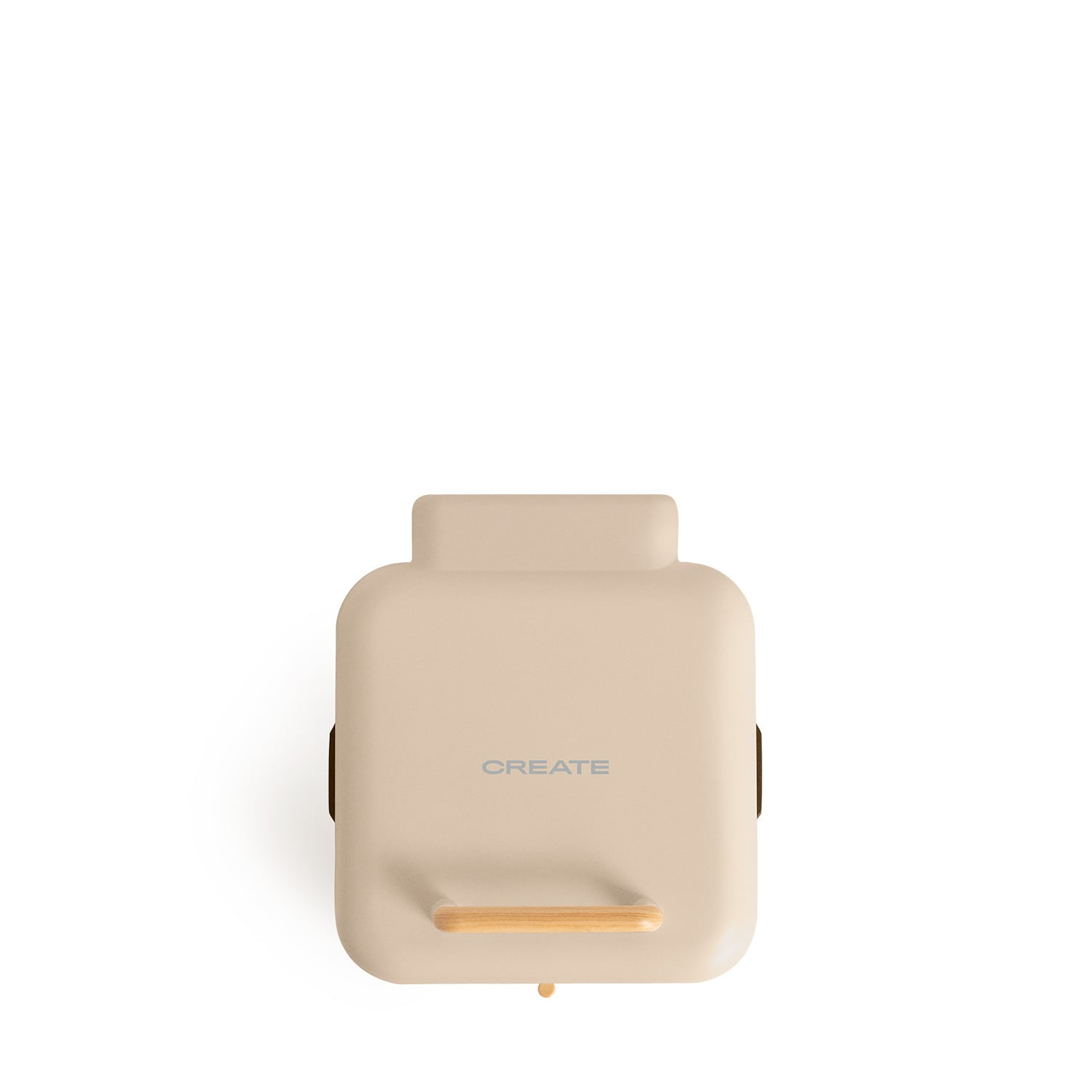 Un cubo de basura beige con pedal de madera y la palabra CREATE.