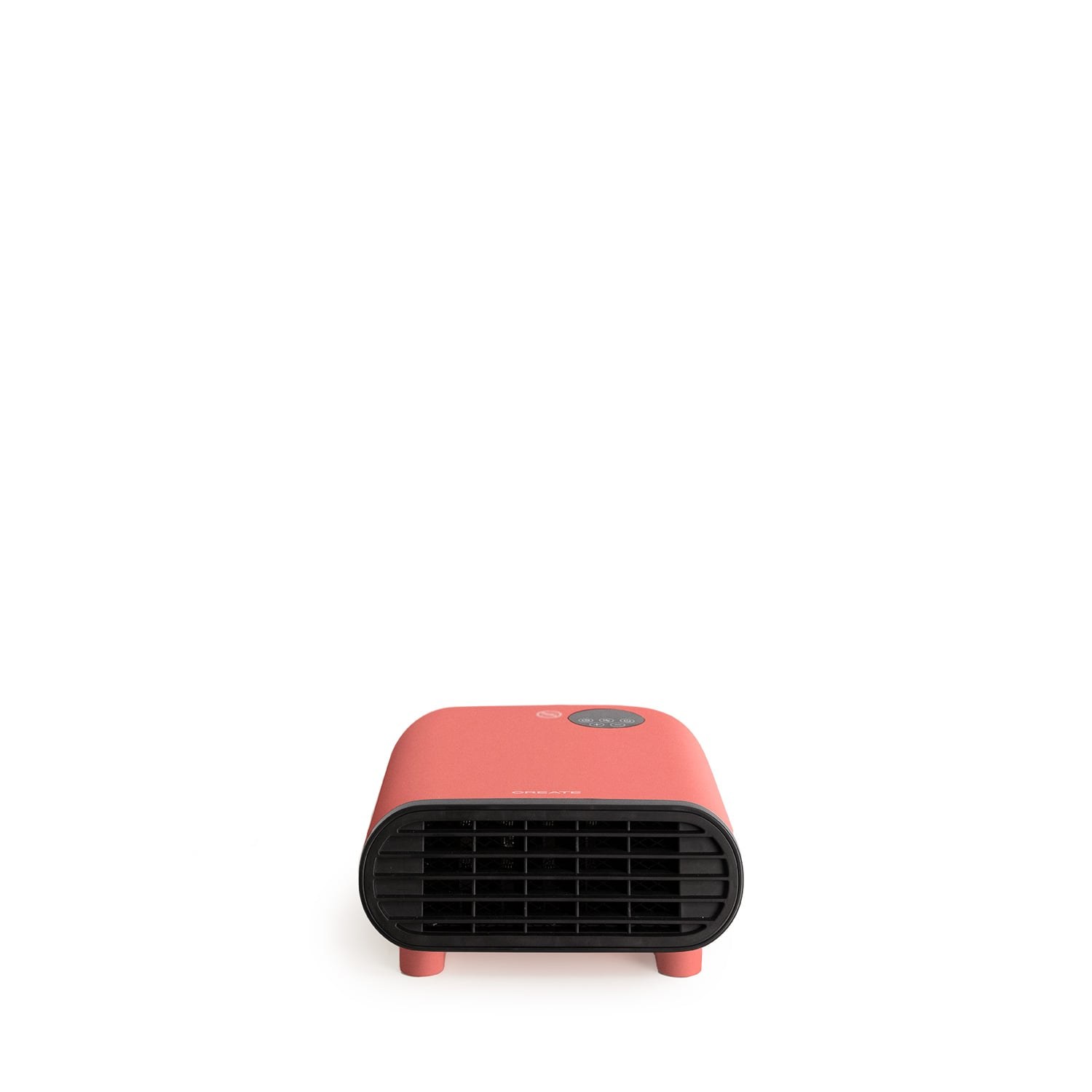 Un pequeño calefactor ventilador, color coral, con rejilla negra sobre fondo blanco.
