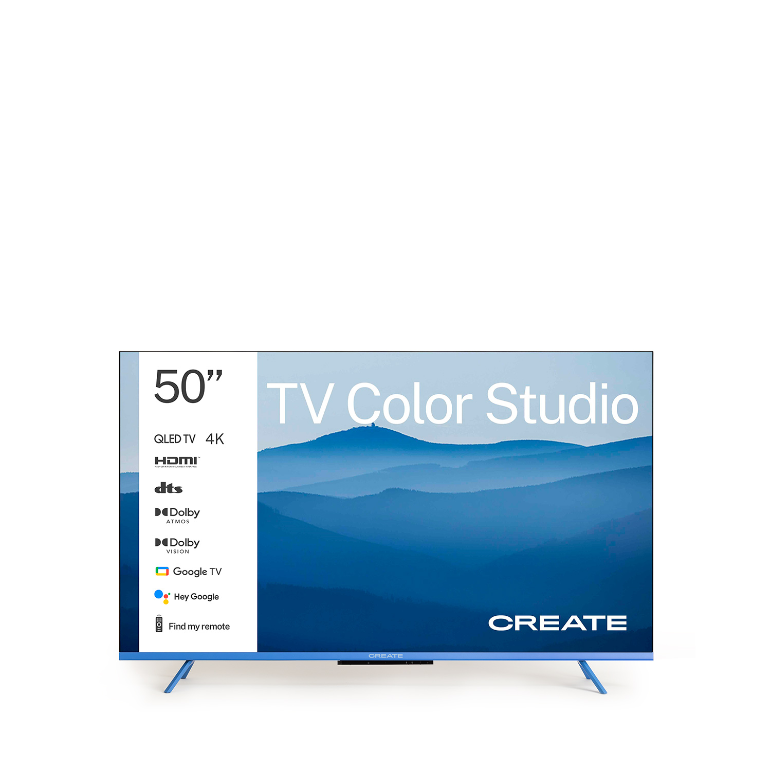 Un televisor QLED de 50 pulgadas con 'TV Color Studio' en pantalla, patas azules y paisaje montañoso.