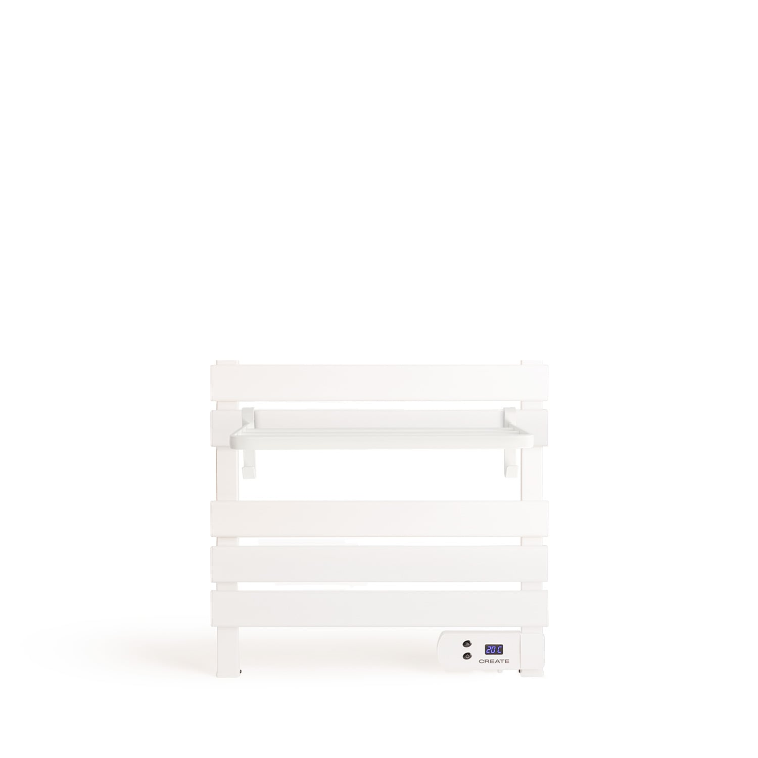 Un toallero blanco con pantalla digital que muestra 20°C.