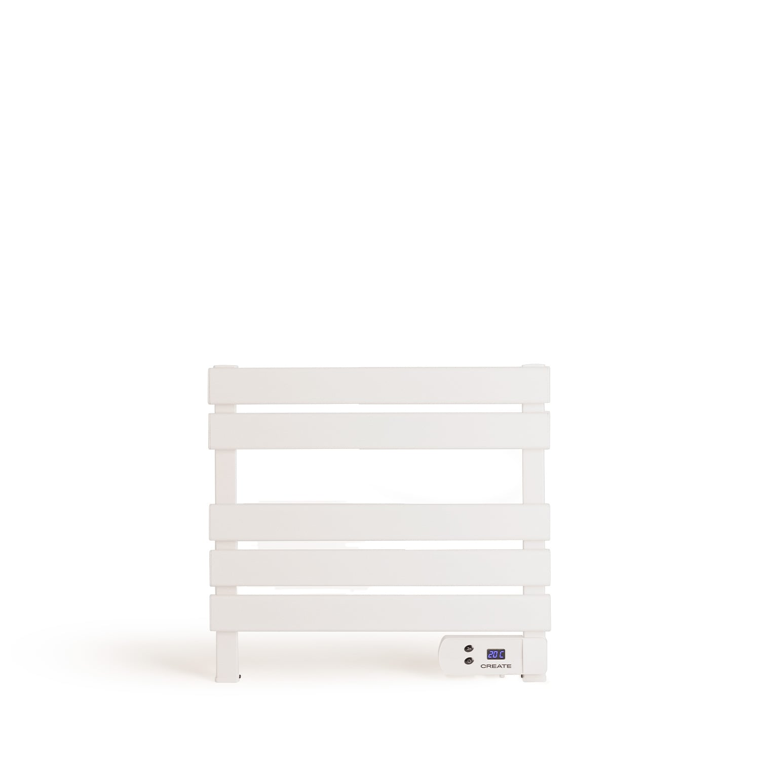 Un toallero eléctrico blanco con cinco barras horizontales y pantalla digital.
