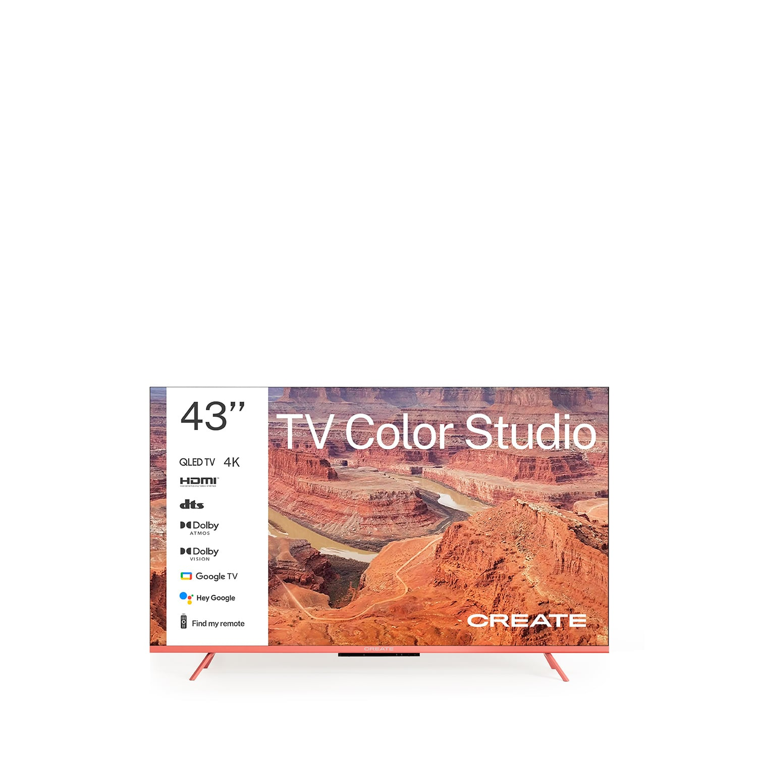 TV QLED de 43" con contenido de cañón en pantalla y marco rosa.
