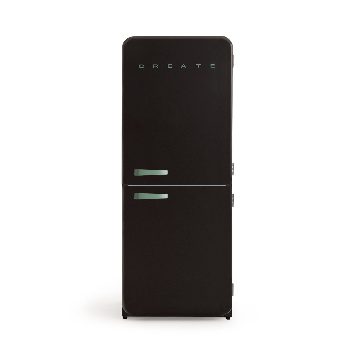 Un refrigerador negro con asa plateada y la palabra CREATE.