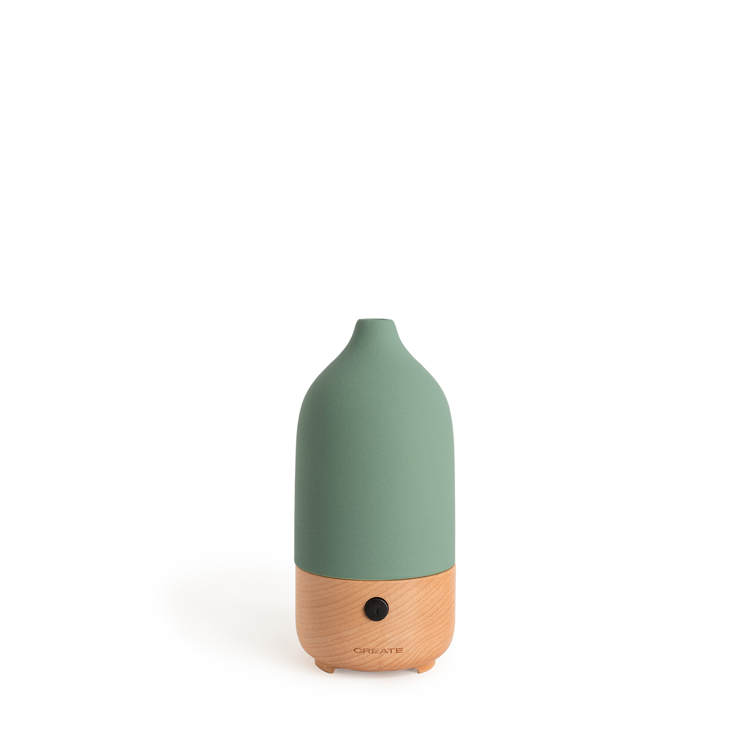 Un difusor de aroma verde salvia con base de madera clara y botón negro.