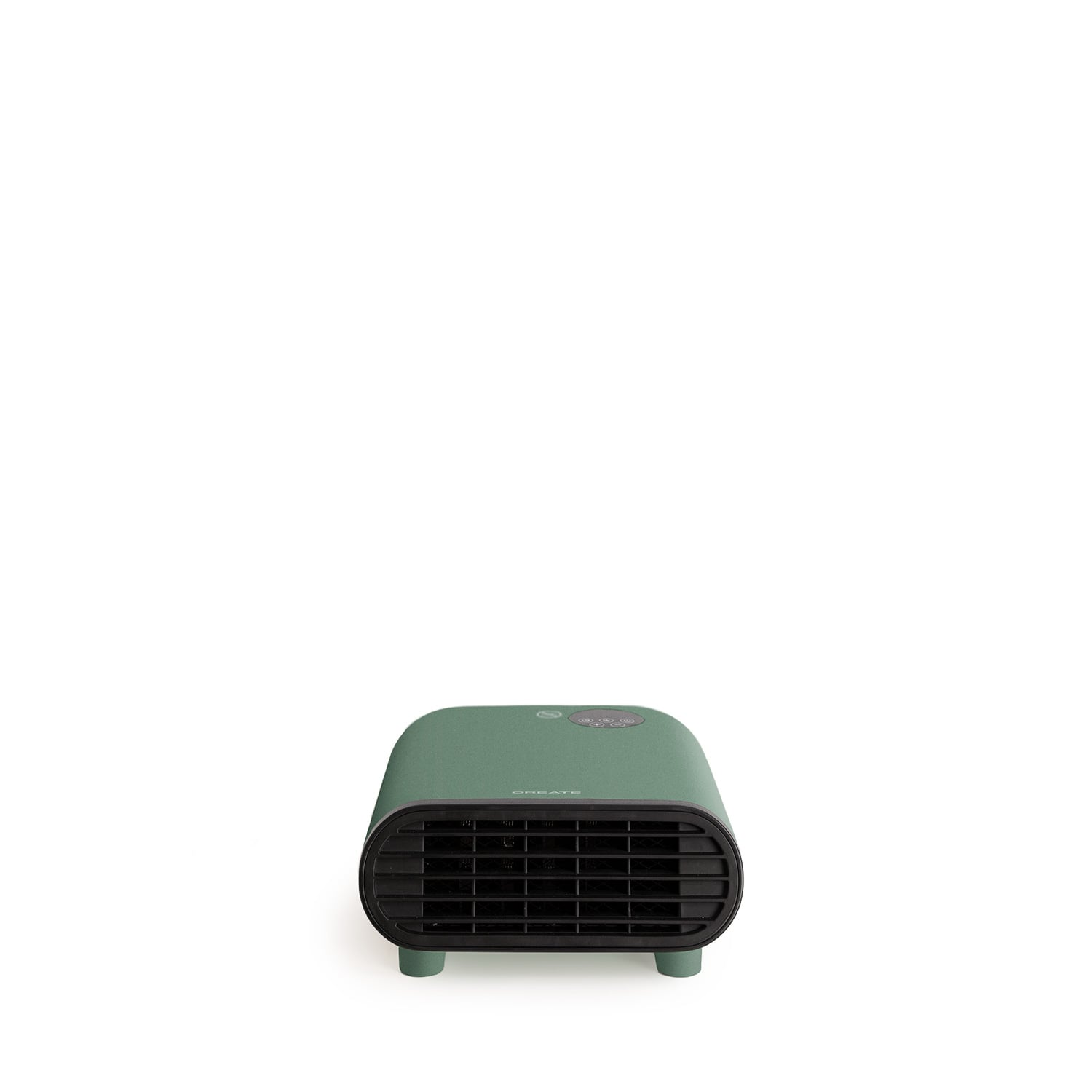 Un pequeño calefactor verde con rejilla negra y botones de control.