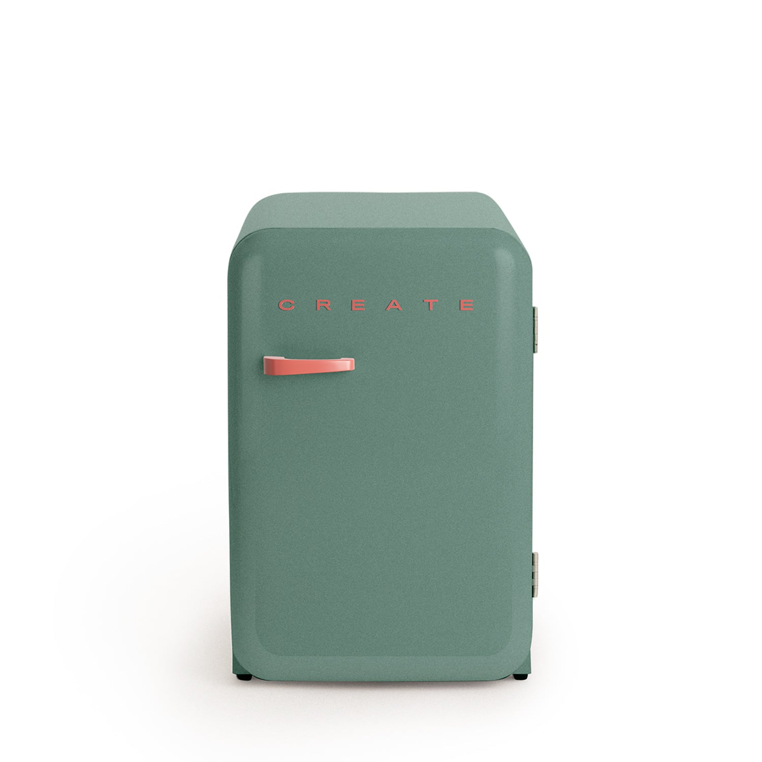 Un pequeño refrigerador de color verde azulado con la palabra "CREATE" en rosa.