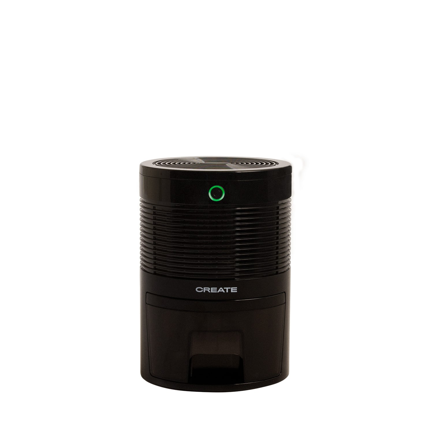 Purificador de aire negro con lados acanalados y luz LED verde.