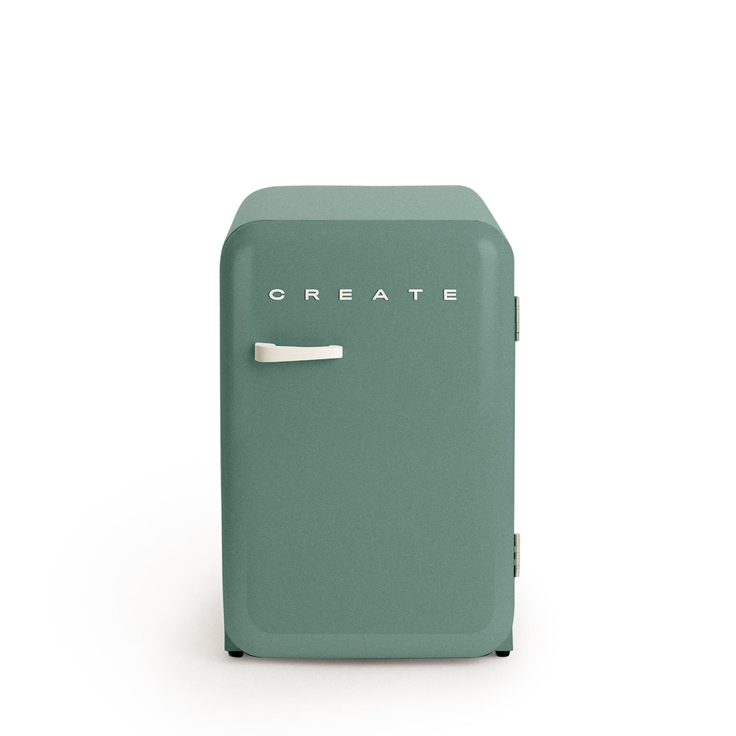 Un pequeño refrigerador verde pastel con la palabra CREATE al frente.