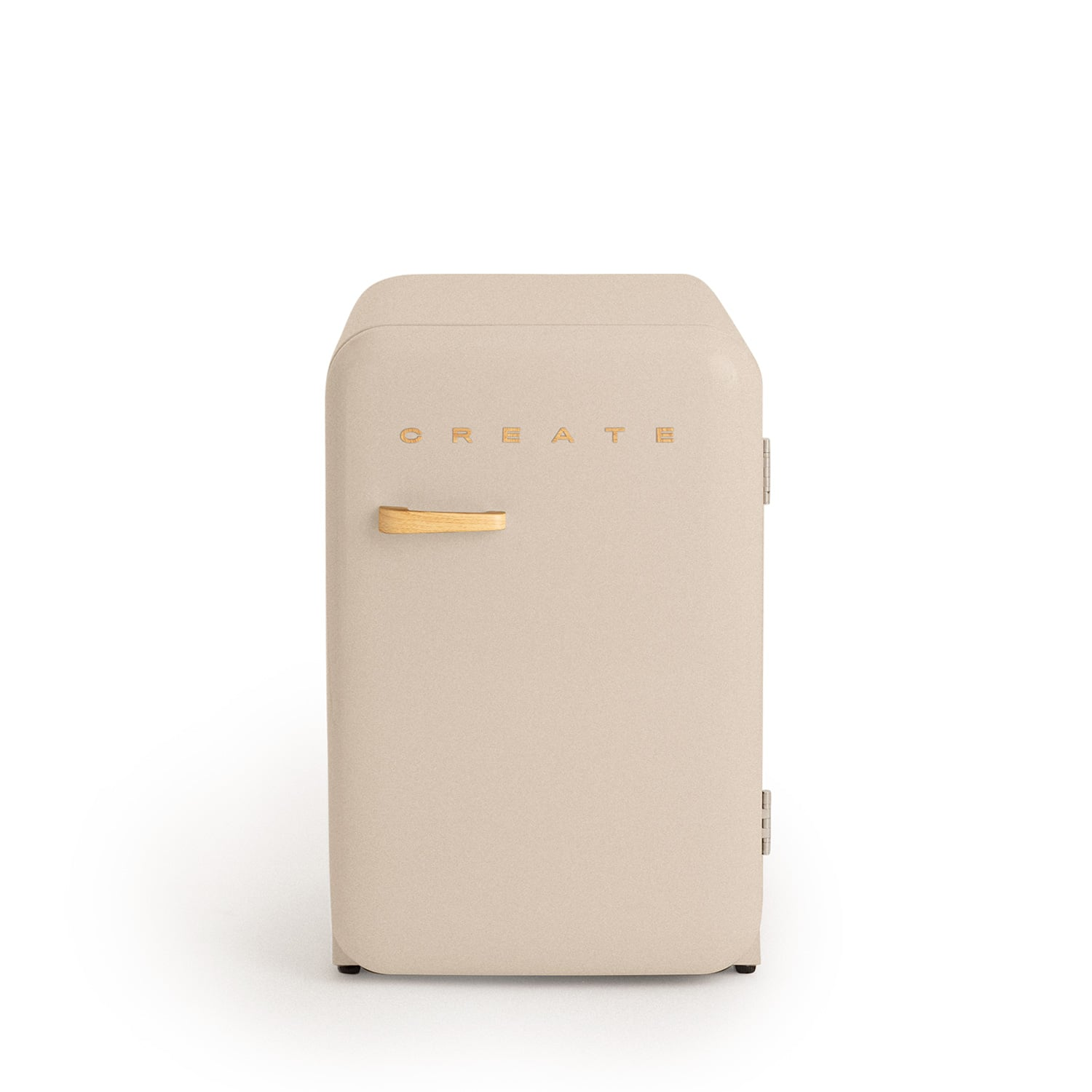 Una mini nevera beige con asa de madera y la palabra CREATE.