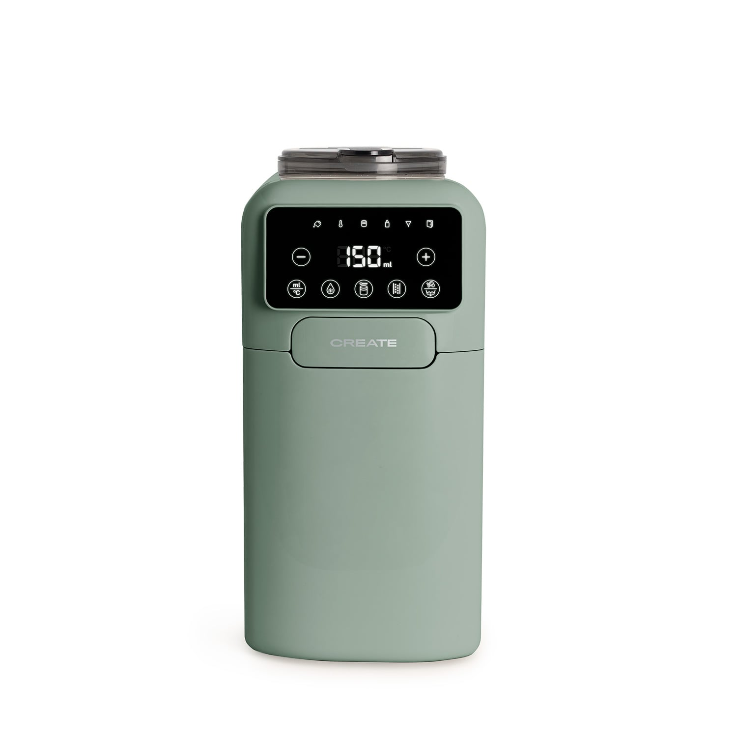 Un recipiente verde con pantalla digital e íconos. En la parte superior.