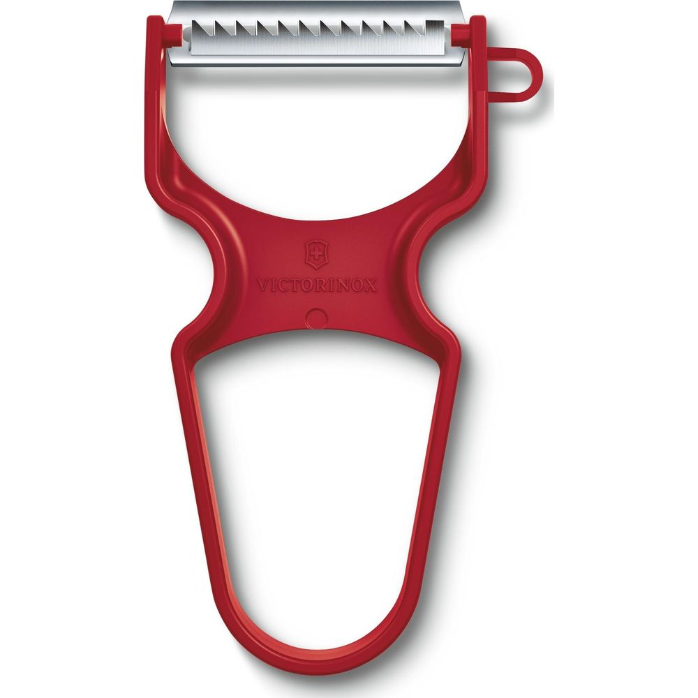 Serratlı bıçaklı ve ergonomik saplı kırmızı Victorinox soyacak.
