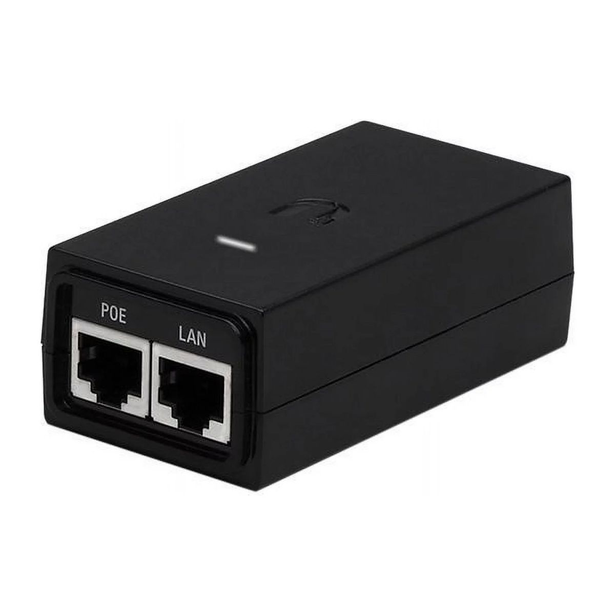 Iniettore PoE nero con due porte Ethernet: POE e LAN.