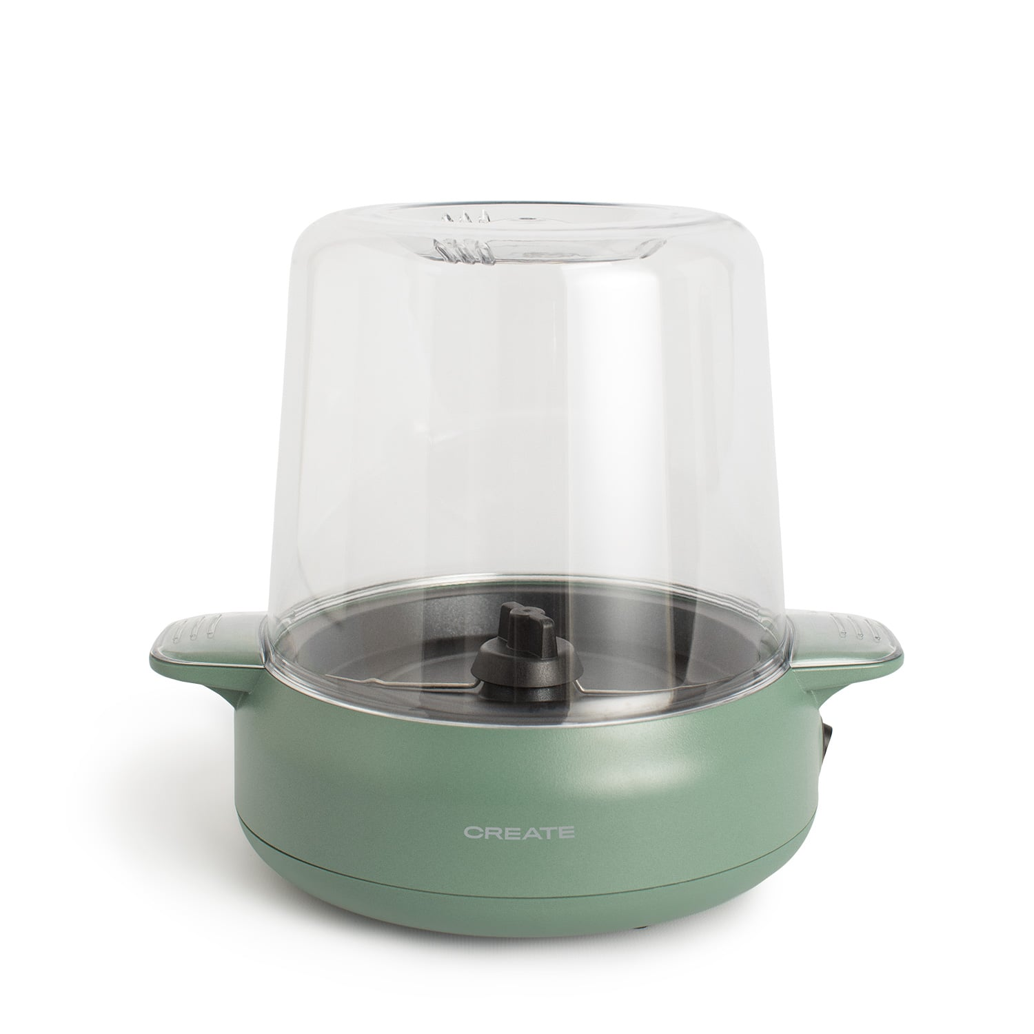 Un electrodoméstico de cocina verde con tapa transparente sobre superficie blanca.
