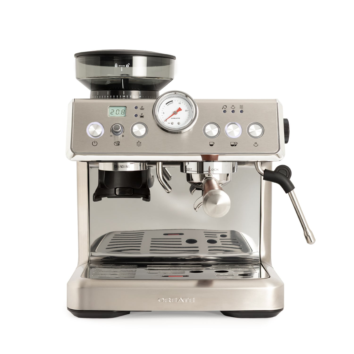 Una máquina de espresso plateada con molinillo y manómetro integrados.