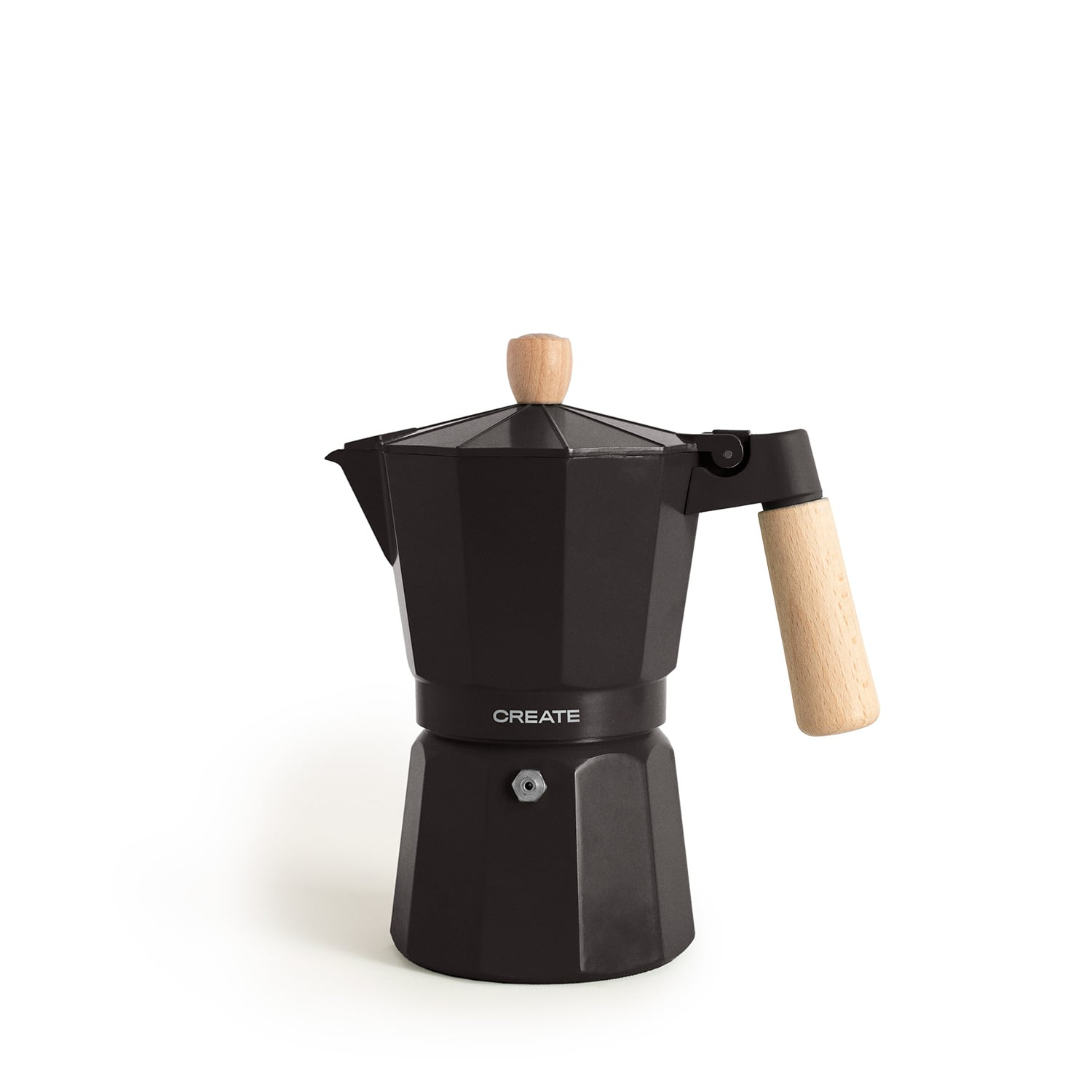 Cafetera moka negra con mango y pomo de madera sobre fondo blanco.