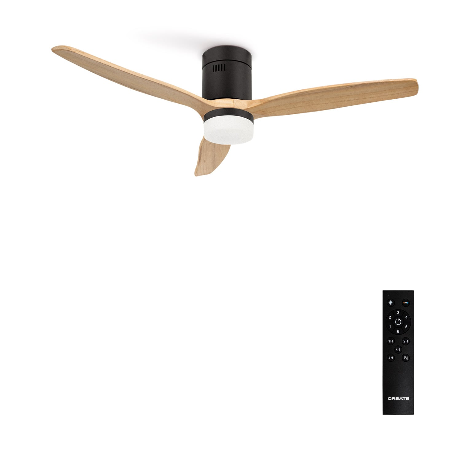 Ventilador de techo negro con aspas de madera y mando a distancia.