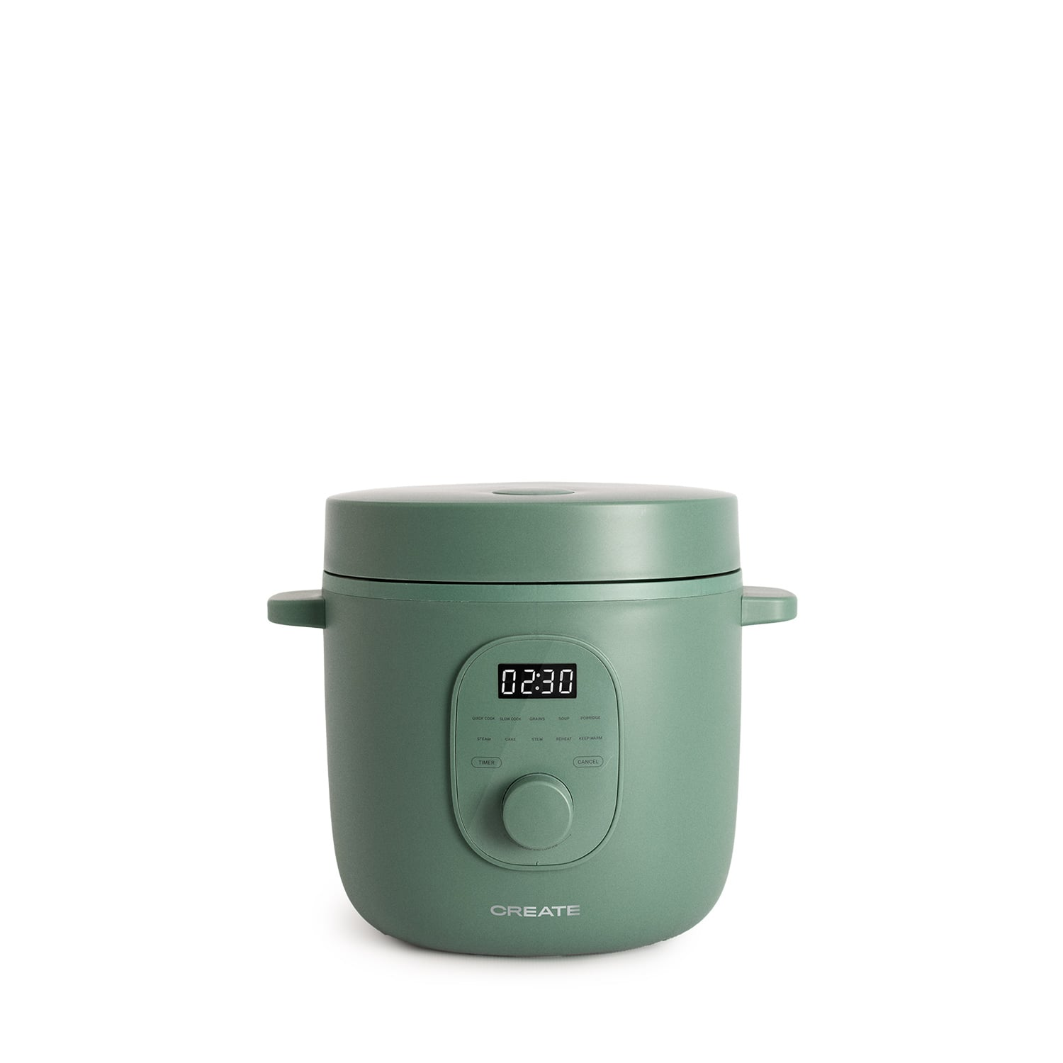 Máquina de cocina verde con pantalla digital y mando giratorio.