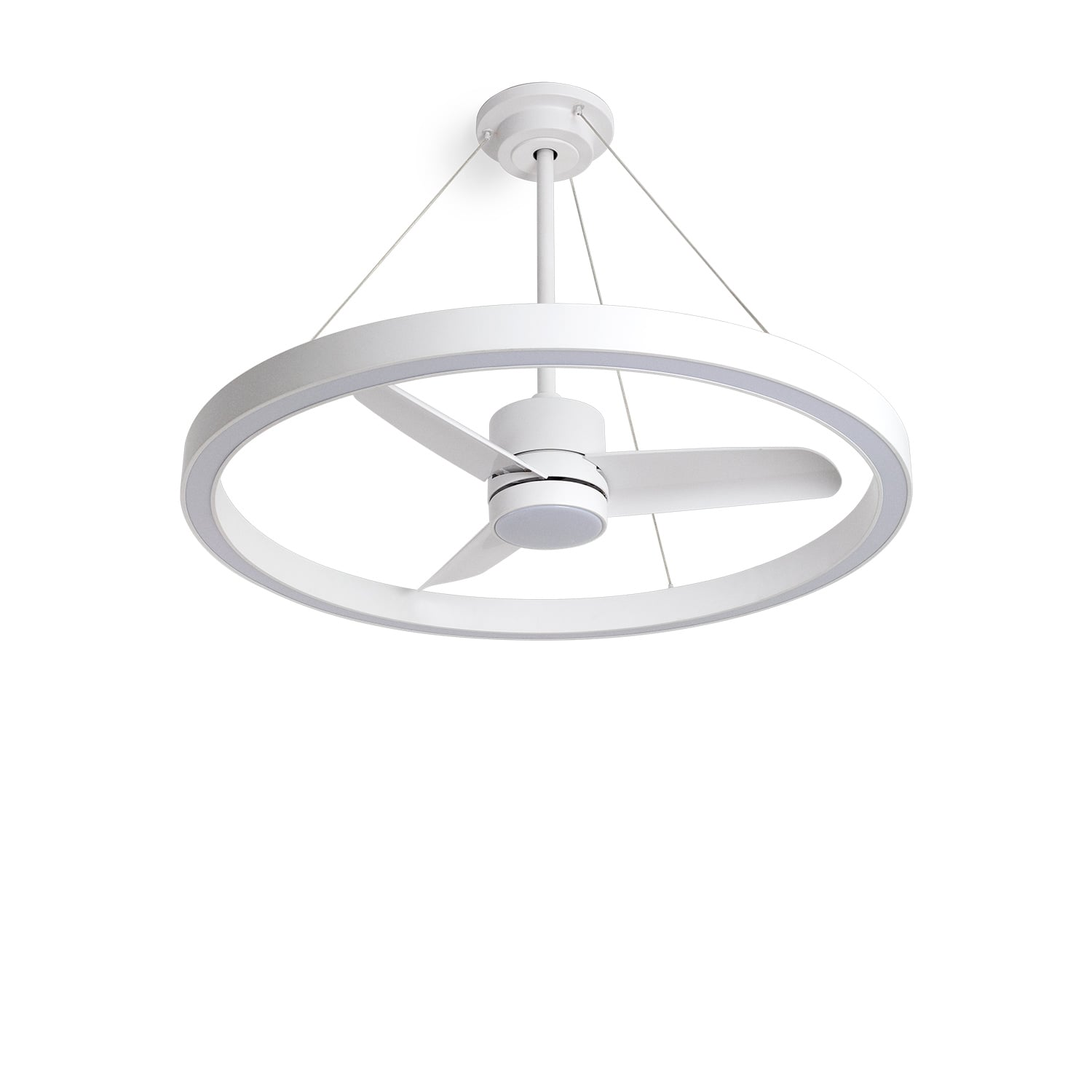 Un ventilador de techo blanco moderno con luz anular integrada.