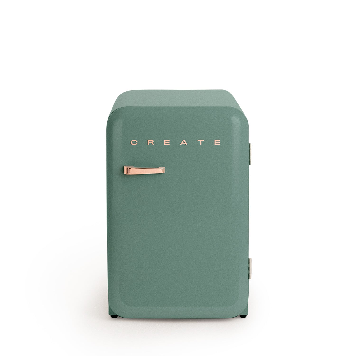 Refrigerador verde con texto "CREATE" y asa dorada.