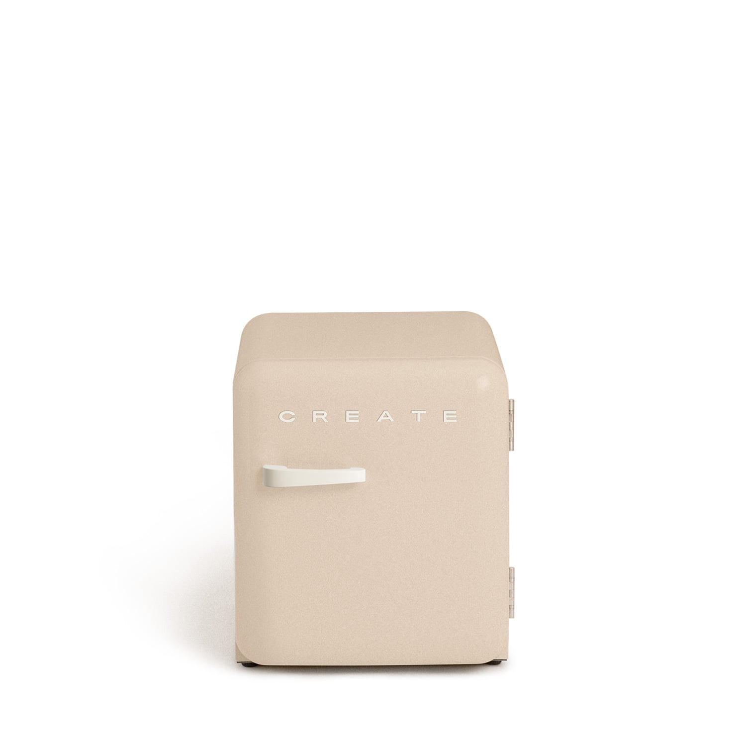 Un pequeño refrigerador color crema con la palabra CREATE en mayúsculas.