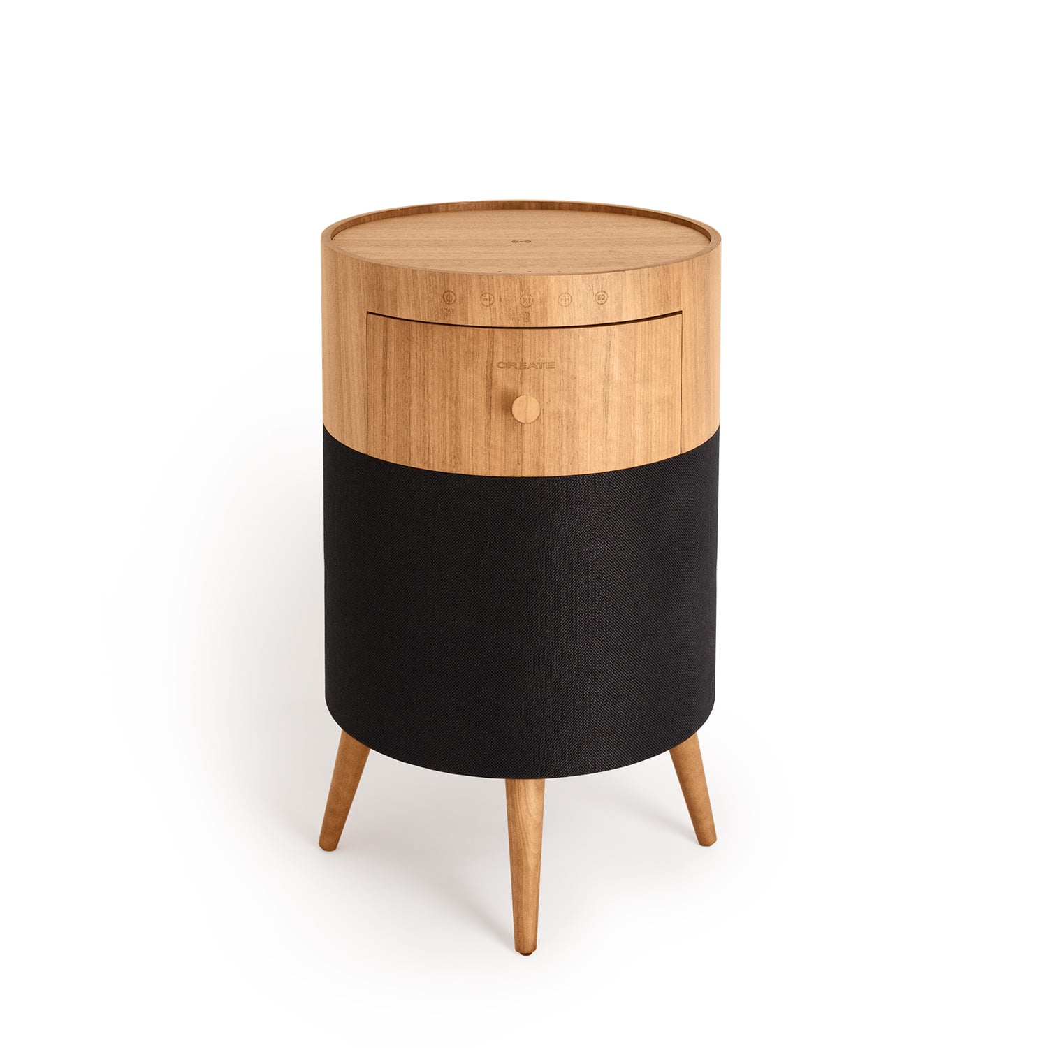 Mesa redonda de madera con base de tela negra y tres patas.
