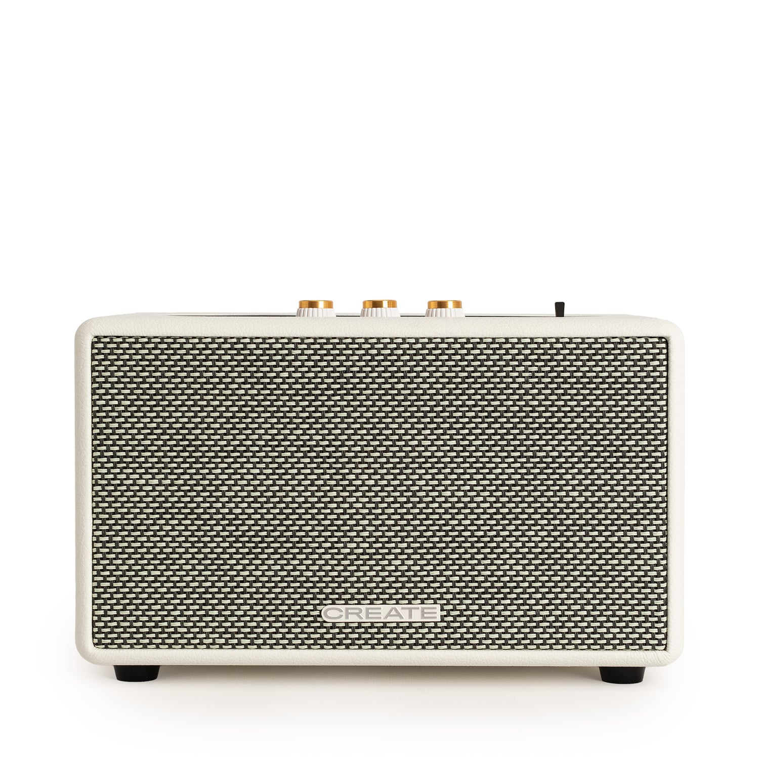 Un altavoz blanco con rejilla negra y perillas doradas.