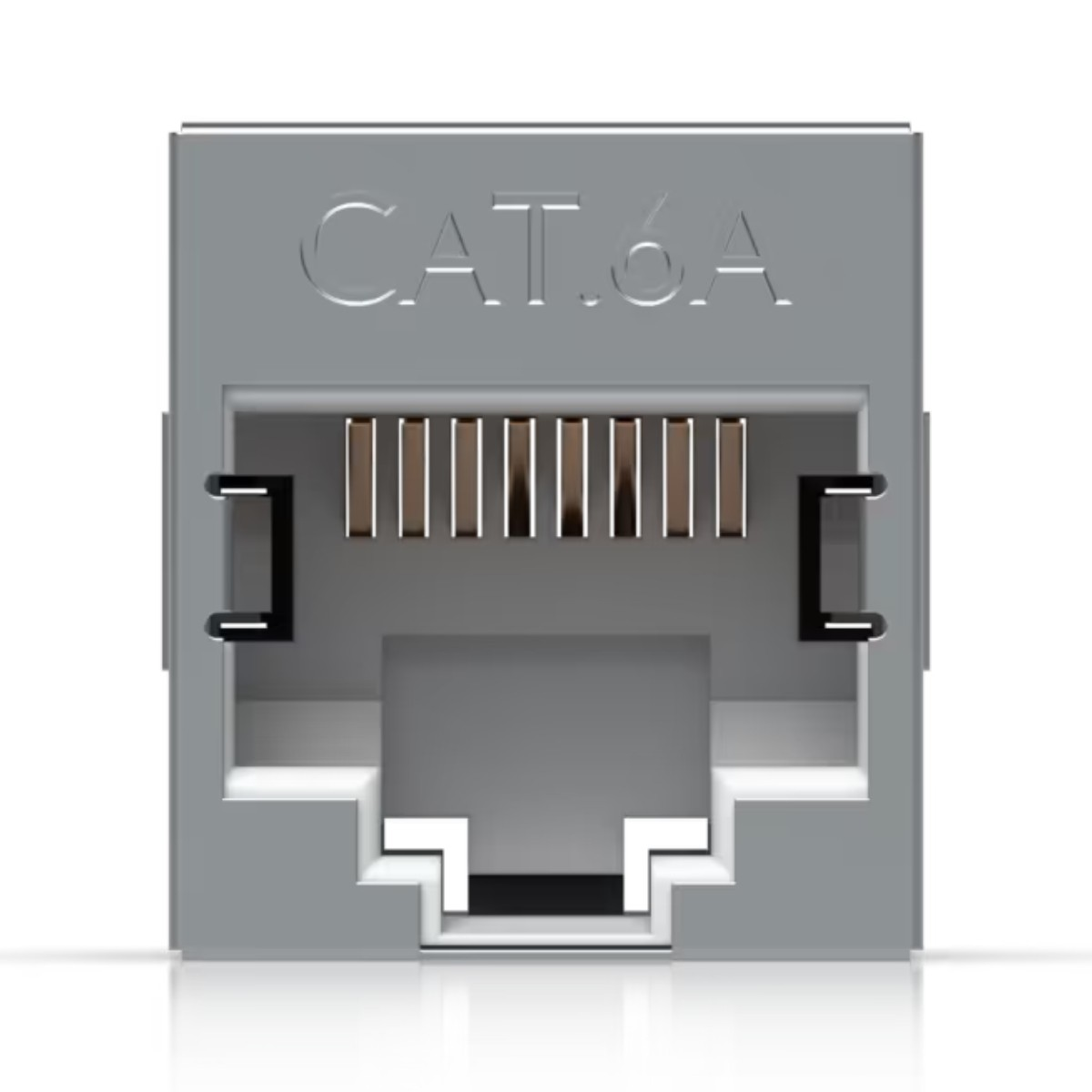 Connettore keystone CAT.6A grigio con contatti esposti e clip di aggancio.