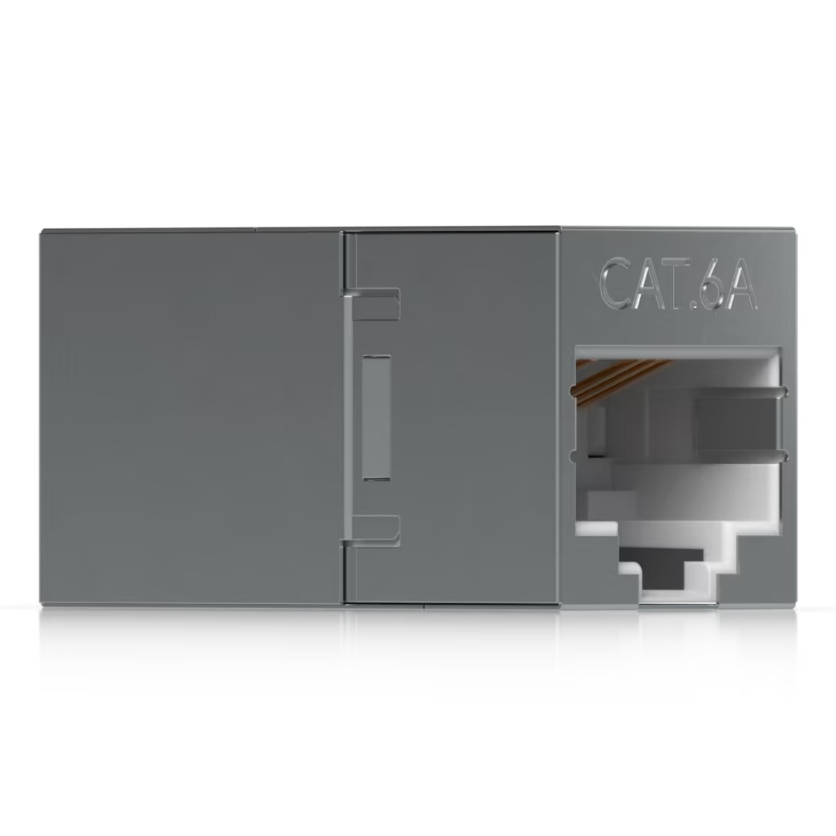 Connettore Keystone CAT.6A grigio con cablaggio esposto a destra.