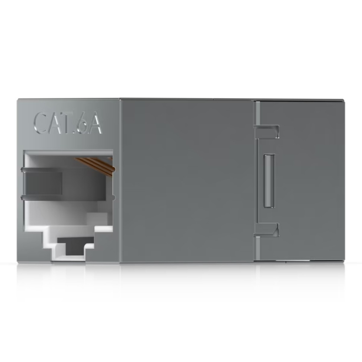 Connettore Keystone CAT6A grigio con fili di rame visibili e interno bianco.